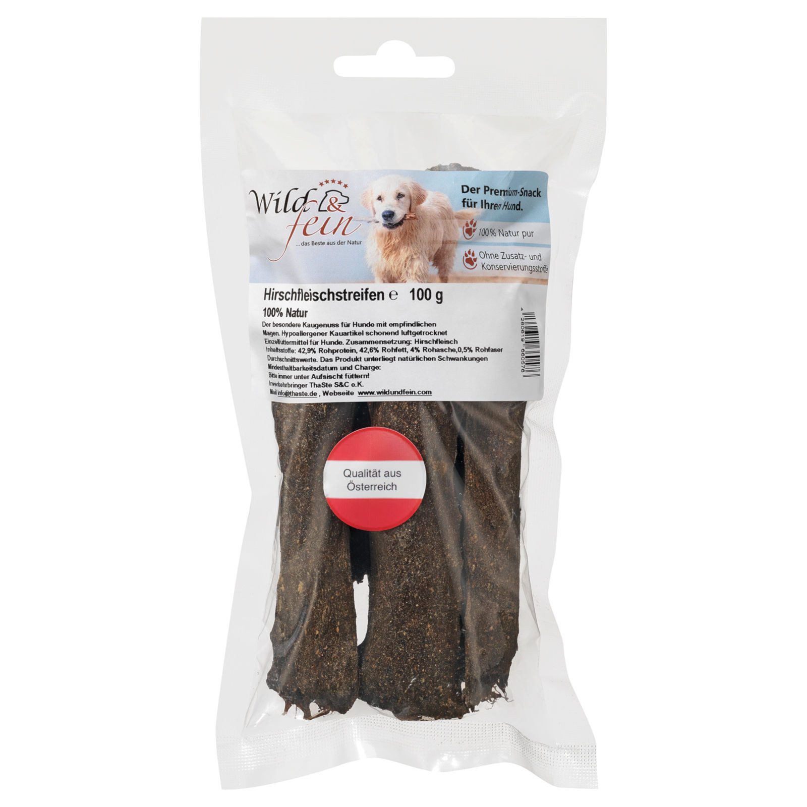 Wild & Fein Fleischstreifen vom Hirsch, 100 g, ein Kaugenuss für Hunde, Snack für: Hund