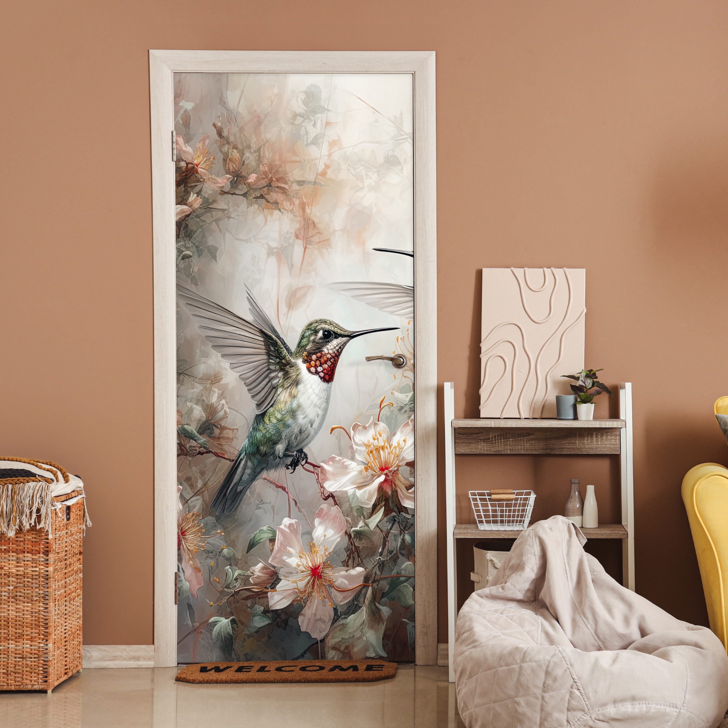 MuchoWow Türtapete Kolibri - Vögel - Blumen - Pflanzen, Matt, bedruckt, (1 günstig online kaufen