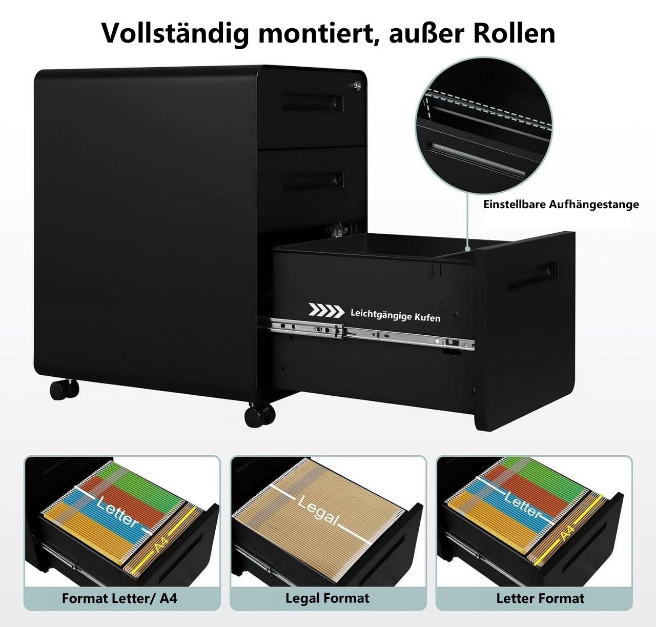 Aktenschrank Rollcontainer (1-St) mit Woltu 3 Schubladen Schwarz