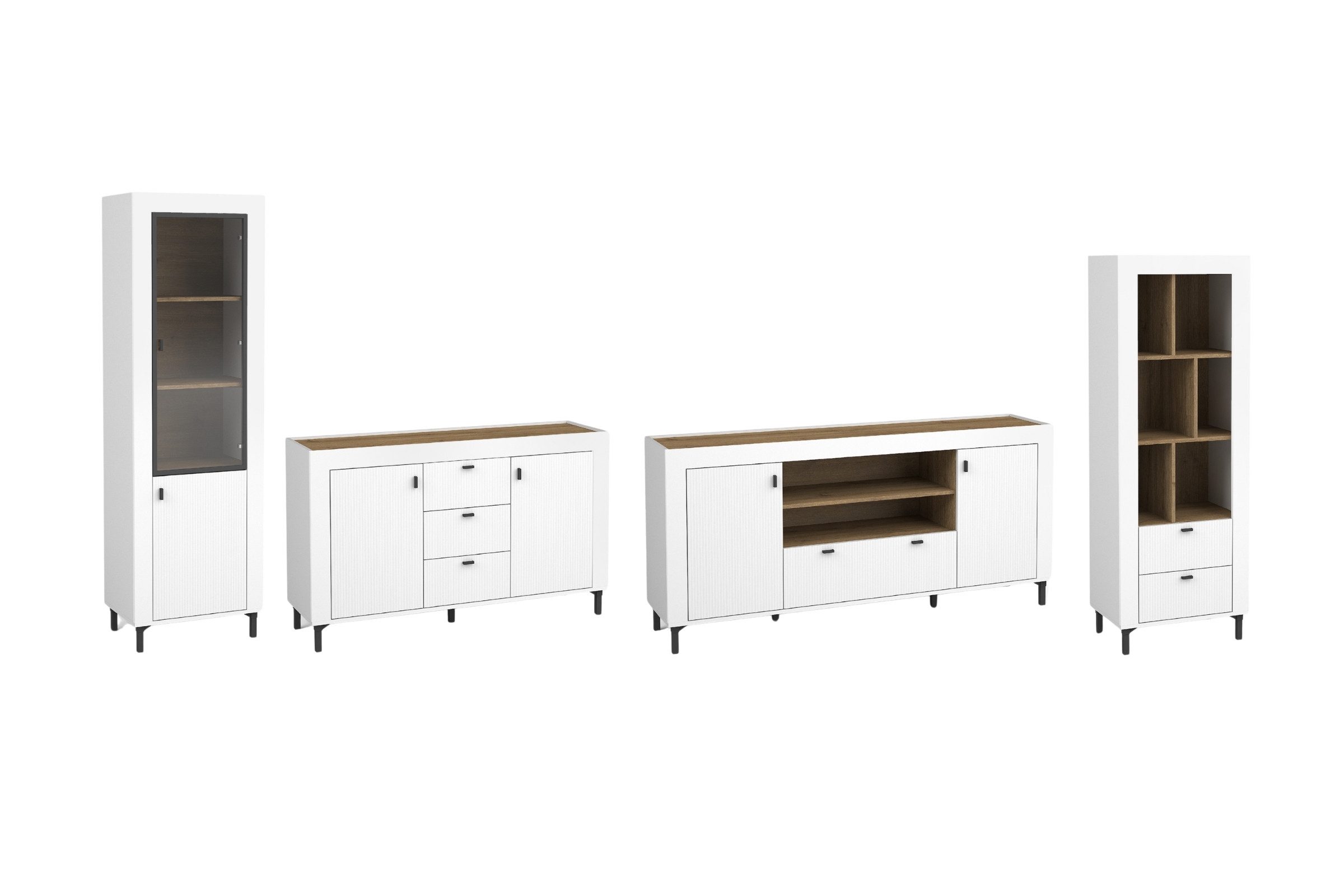 Deine Möbel 24 Wohnzimmer-Set MONI A mit Vitrine, Regal, 2 Kommoden, (Set, 4-St., MONI - Kollektion), optionale LED-Beleuchtung, in Weiß, Schwarz, Cashmere/Eiche Whisky