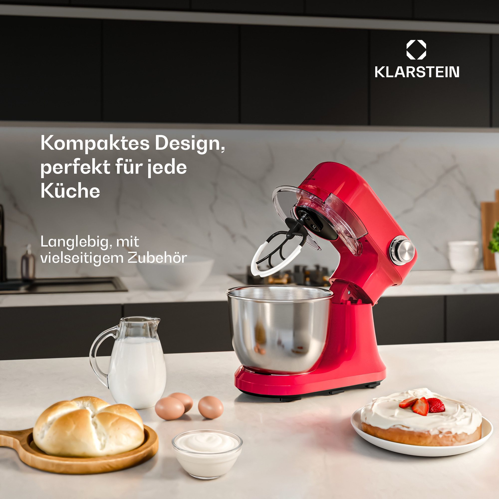 Klarstein Küchenmaschine mit Kochfunktion, 1500 W, 5 l Schüssel, Kompakt Küche maschine 5 L 12 Stufe Pulsfunktion 1500 W Rot