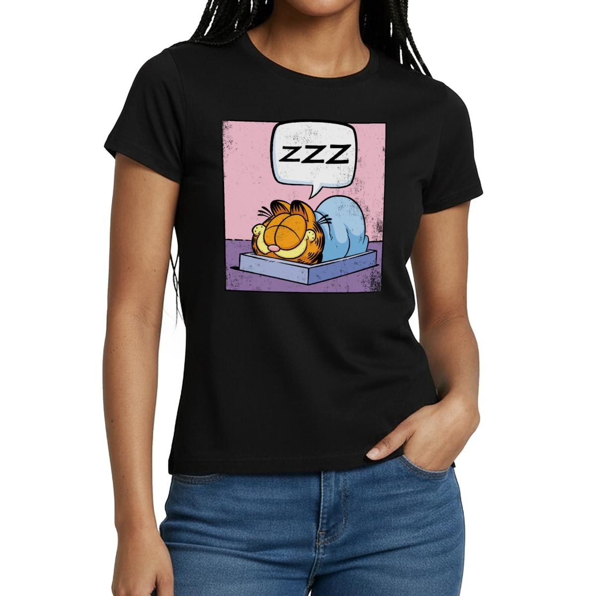Spreadshirt T-Shirt Garfield Schlafender Kater Zzz Power Nap Used Look Frauen T-Shirt (1-tlg)