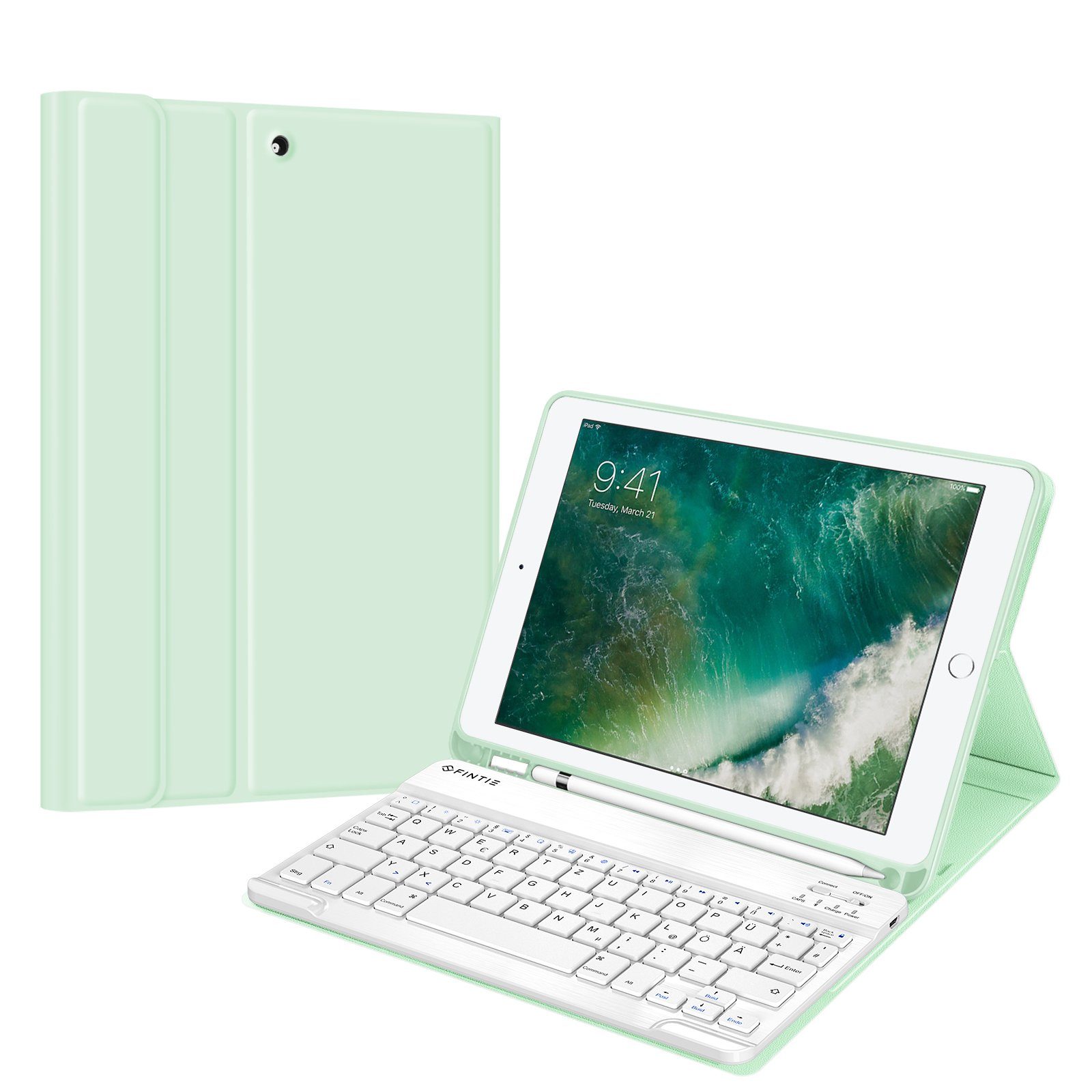 Fintie Tablet-Hülle für iPad 9.7 2018 (6. Gen) mit magnetisch QWERTZ Bluetooth Tastatur, Soft TPU Rückseite Gehäuse Keyboard Case mit eingebautem Pencil Halter