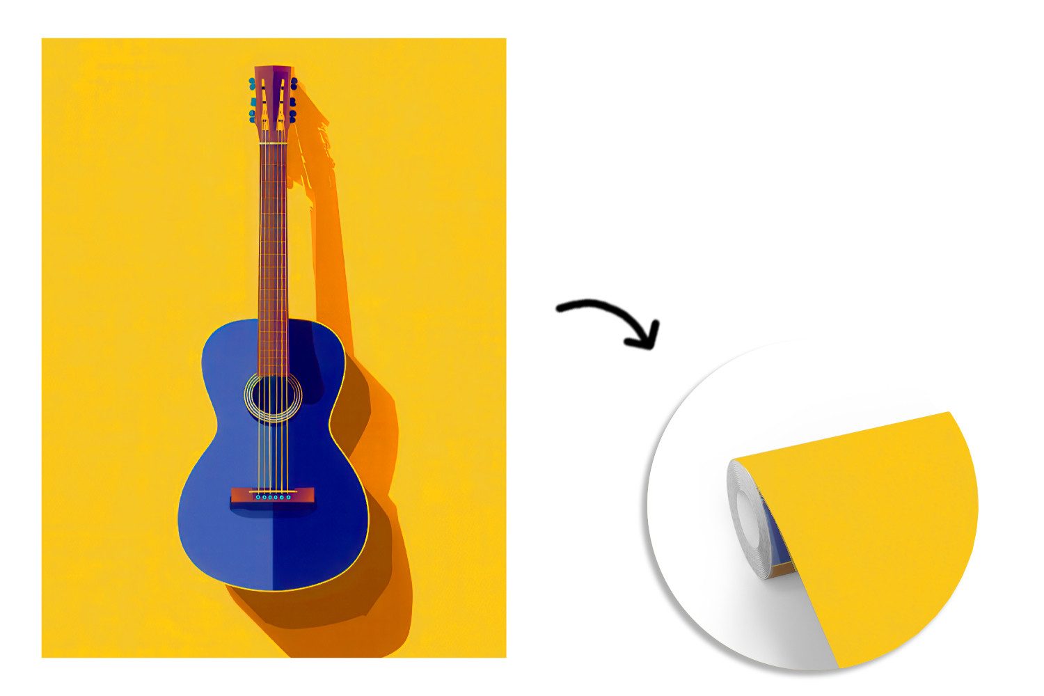 MuchoWow Fototapete Gitarre - Akustisch - Minimalistisch - Gelb, Matt, bedruckt, Wallpaper für Wohnzimmer, Schlafzimmer, Vinyl Tapete, 165x220 cm