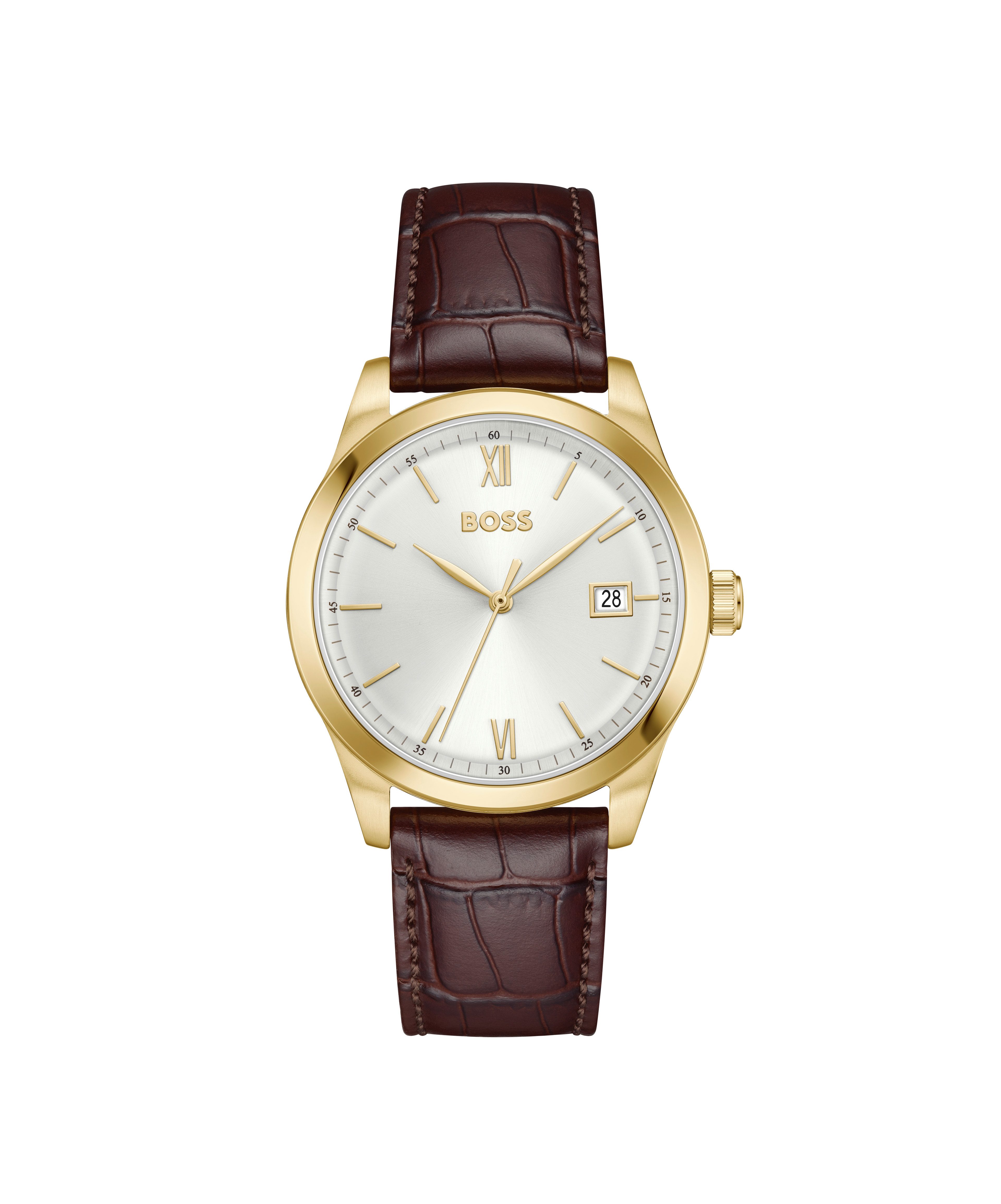 BOSS Quarzuhr LANGFORD 1514357, Armbanduhr, Damenuhr, Herrenuhr, Lederarmband, analog, Tag