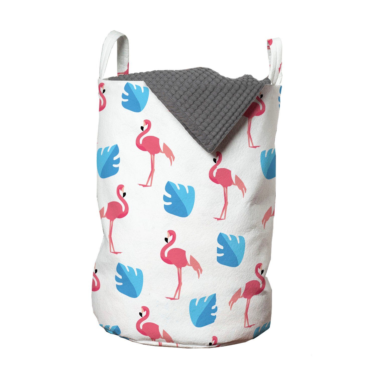 Abakuhaus Wäschesäckchen Wäschekorb mit Griffen Kordelzugverschluss für Waschsalons, Tropisch Flamingo Vögel Palmblätter | Wäschesäcke