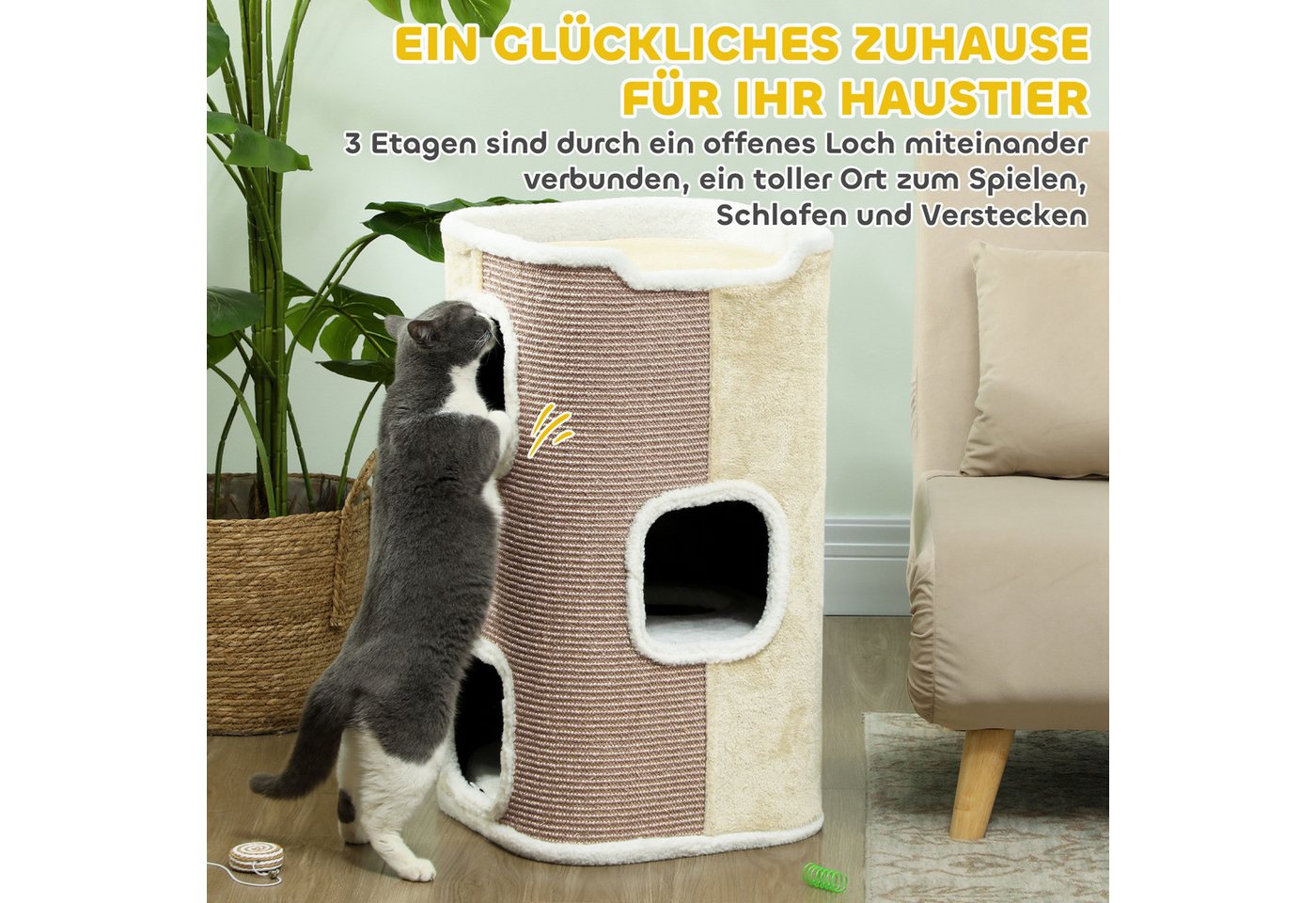 marmortrend Sehnsucht nach Einzigartigkeit Kratztonne für Katzen, 4-Ebenen-Katzenturm mit Waschbarem Bett, 3 Schlafhöhlen, Hängespielzeug für Mehrere Katzen