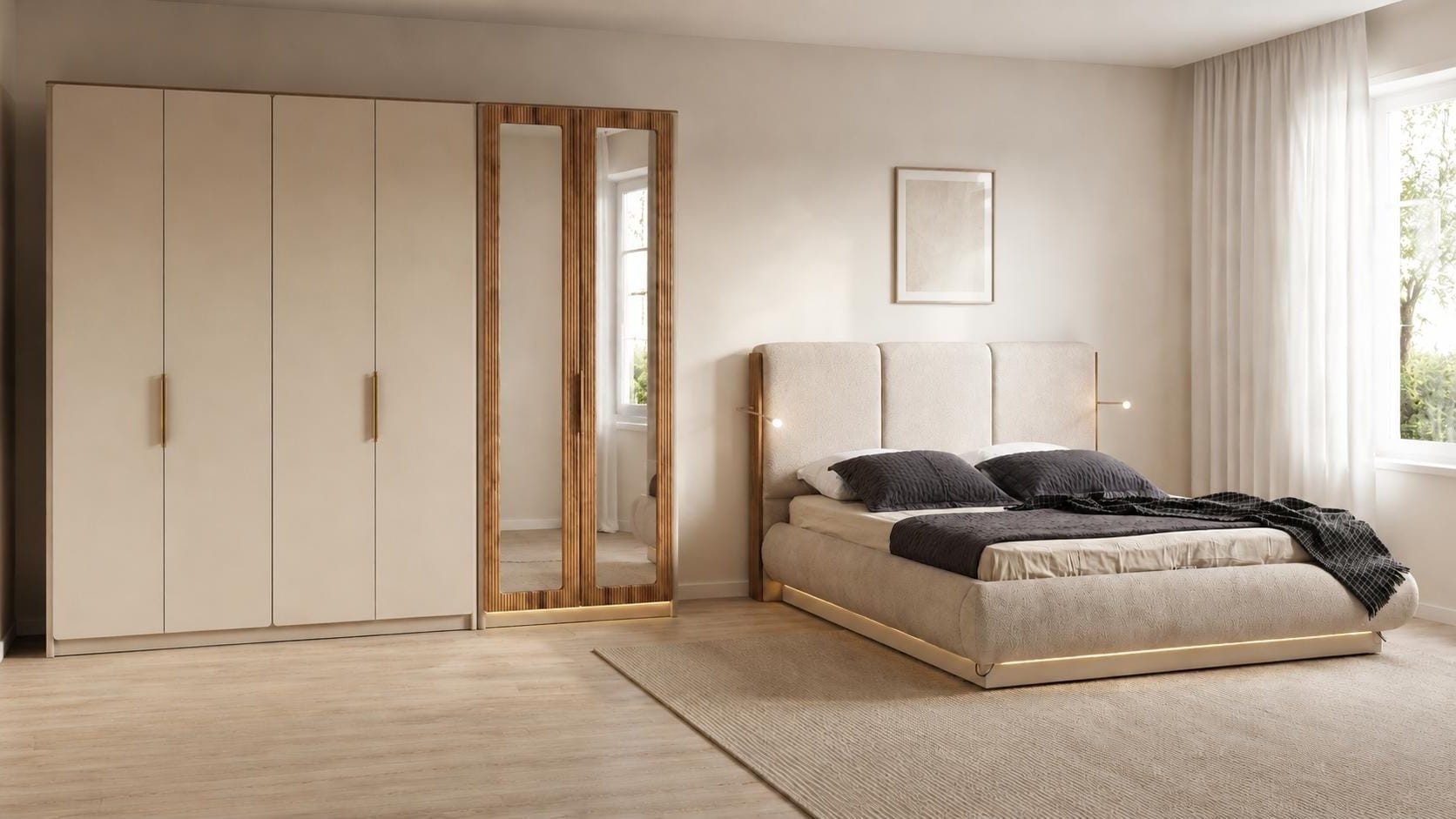 Xlmoebel Schlafzimmer-Set Beiges Skandi Schlafzimmer Set mit Bett und 6-türigem Schrank, (2-tlg), Made in Europa