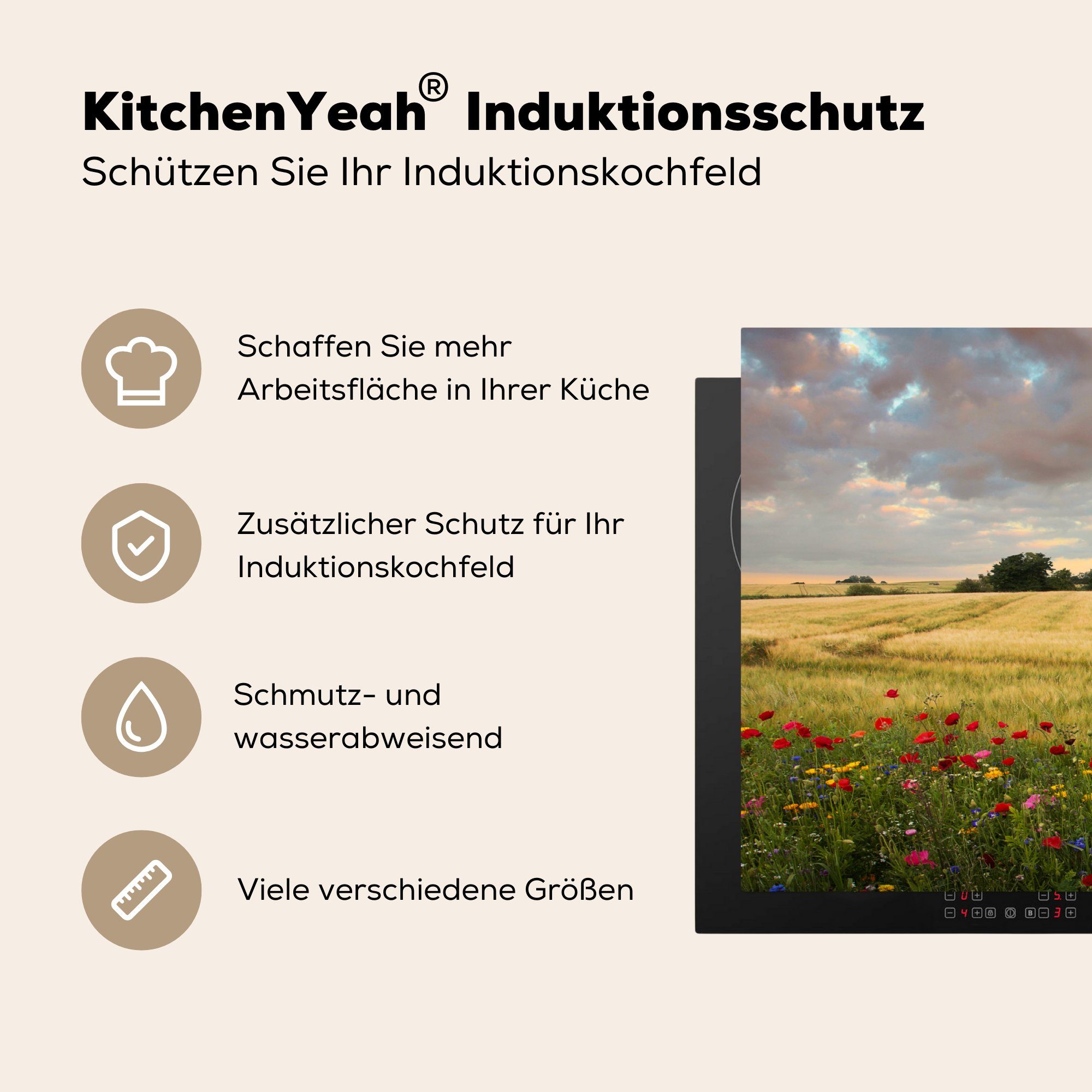 cm, neben Weizenfeld, MuchoWow Ceranfeldabdeckung, einem 83x51 Wildblumen für Herdblende-/Abdeckplatte küche Vinyl, tlg), Arbeitsplatte (1 wachsen