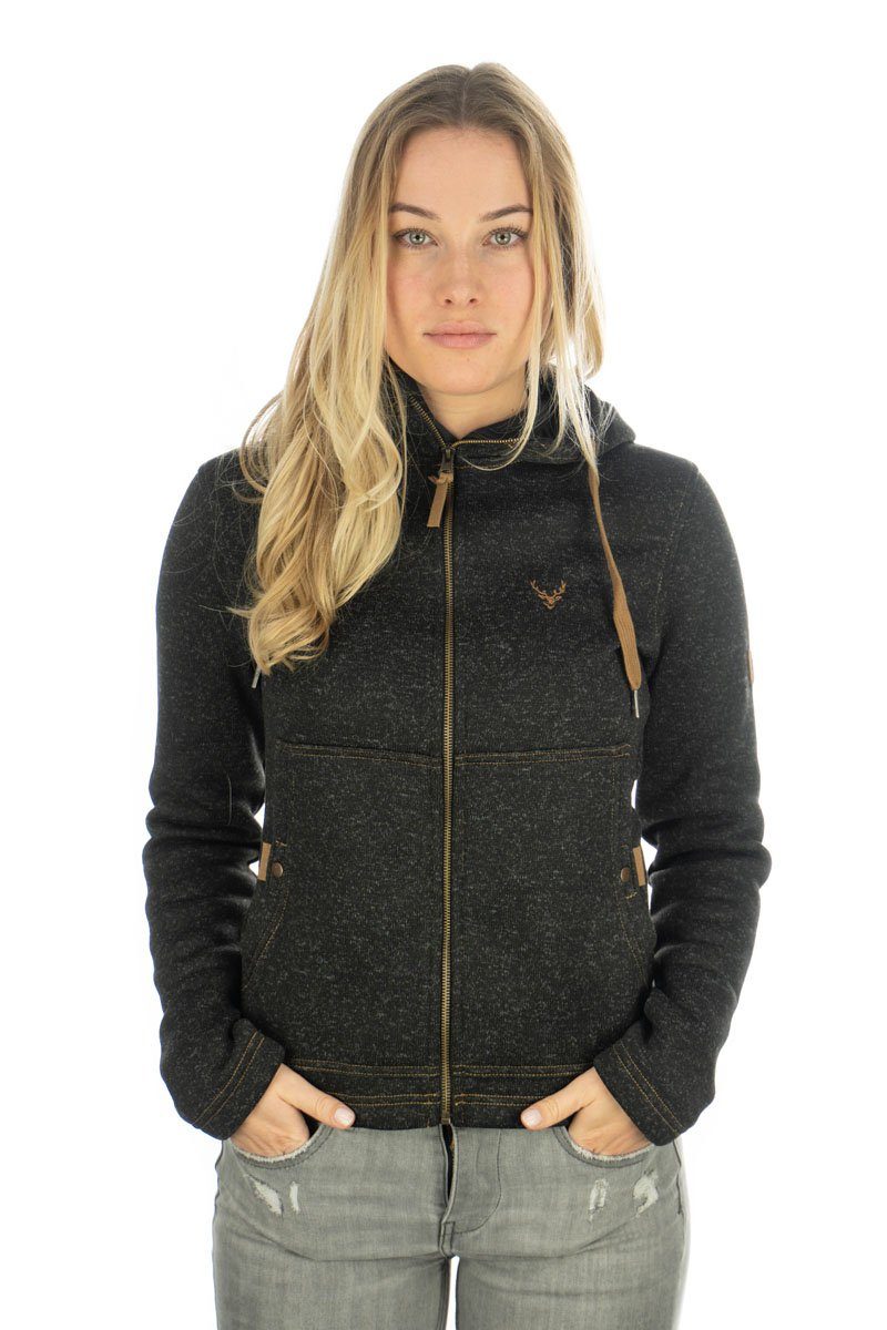 Tom Collins Strickfleecejacke Adisur Damen Kapuzenjacke mit Hirsch-Stickerei auf der Brust
