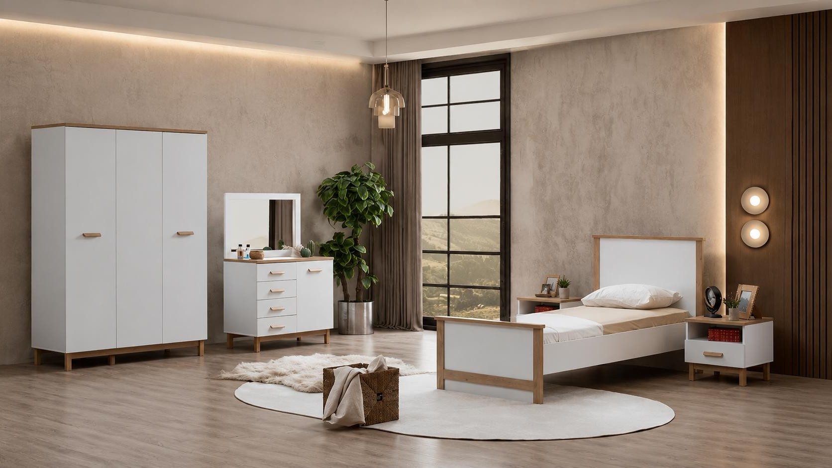 Xlmoebel Kleiderschrank Weißes Jugendzimmer Bett Nachttische Kleiderschrank Kommode modern (Jugendzimmer-Set, 5-St., 5-tlg)