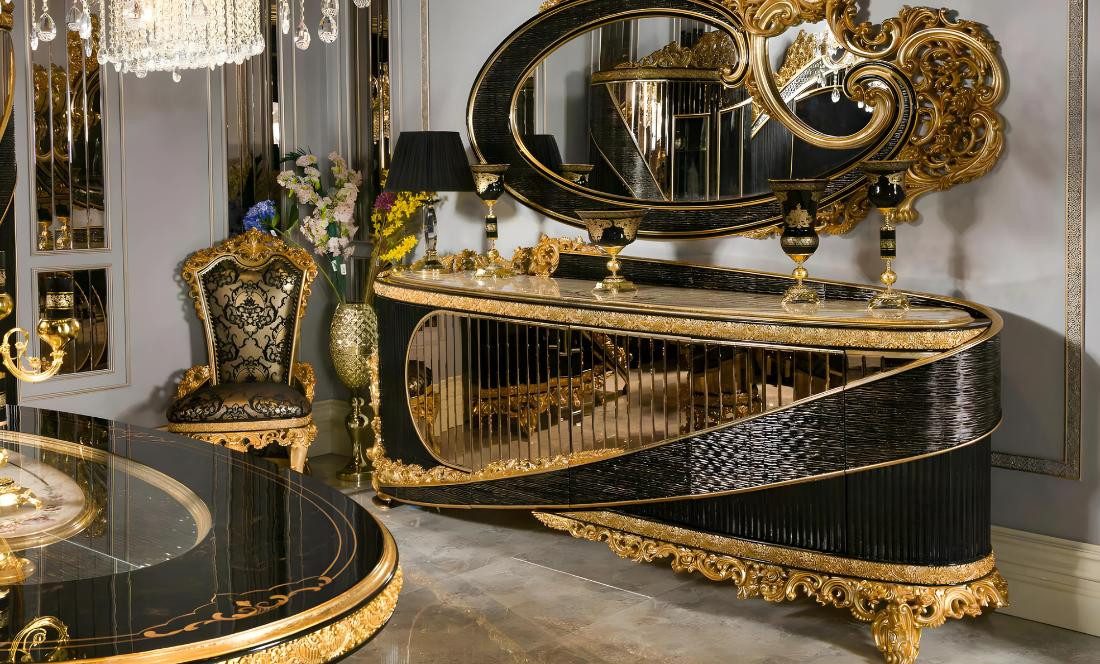 JVmoebel Esszimmer-Set Elegantes Esszimmer-Set in Schwarz, Holz und Glas, (Set, Esszimmer-Sets 9-teilig), Fronten in Hochglanz, Verziertes Design, Handgefertigt