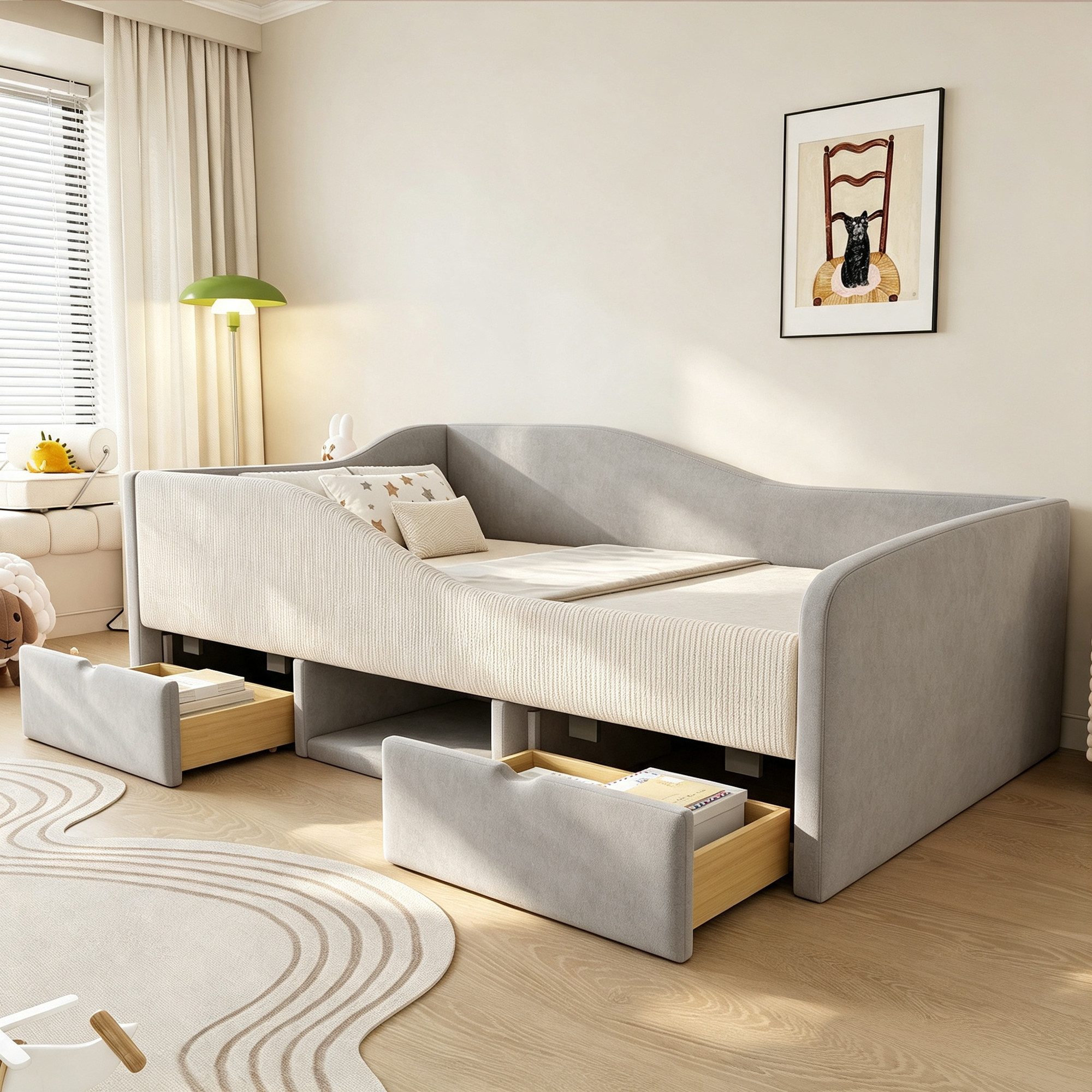Merax Daybett (Schlafsofa Sofabett Jugendbett Einzelbett, 1 tlg), Polsterbett 90x190cm mit 2 Schubladen & Schutzgeländer,Kinderbett Samt