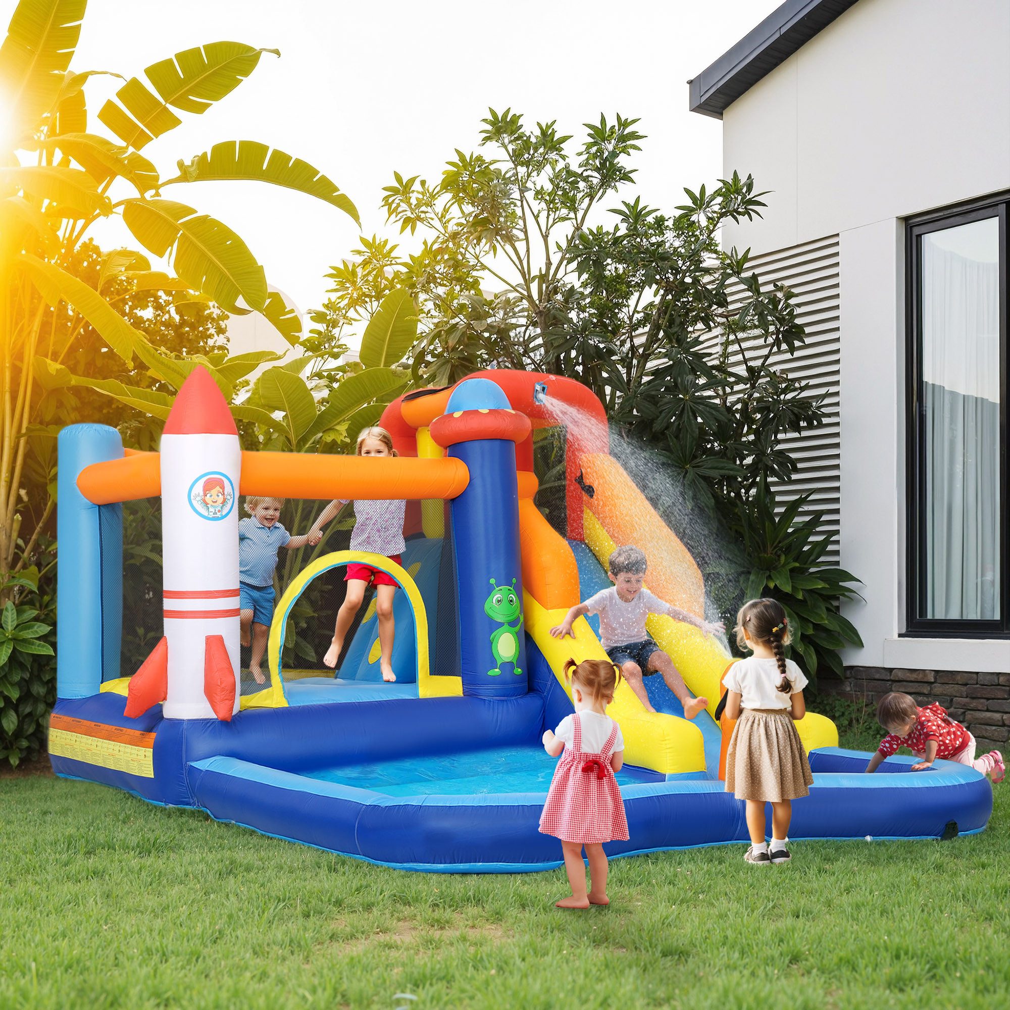 AIYAPLAY Hüpfburg mit Gebläse Rutsche Planschbecken Kletterwand Sprung, (Aufblasbare Springburg, 1-tlg., mit Tragetasche), für Indoor Outdoor für Kinder von 3-8 Jahren, 360 x 250 x 195 cm
