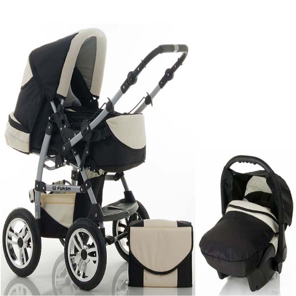 babies-on-wheels Kombi-Kinderwagen 3 in 1 Kinderwagen-Set Flash inkl. Autositz - 15 Teile - in 18 Farben Schwarz-Creme