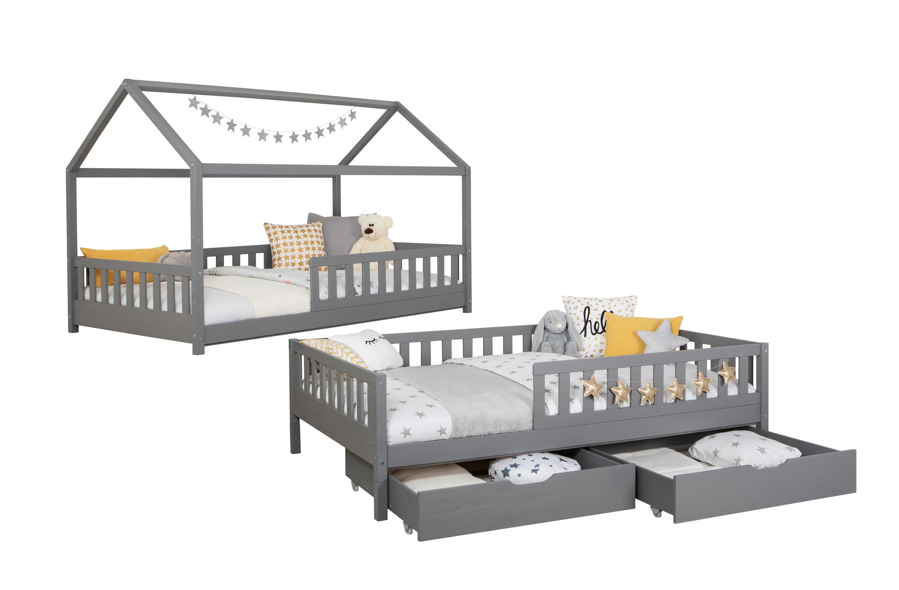 Ticaa Hausbett Duo mit Rausfallschutz und Schubkasten aus Kiefer, Bodenbett 140x200, inkl. abnehmbarem Dach, mit Rollrost