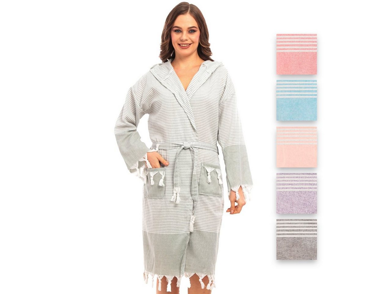 herémood Bademantel herémood Bademantel Damen & Herren Unisex – Weich & Leicht, Langform, 100% Baumwolle, mit Kapuze, & Gürtel, Hamamtuch-Stil mit Taschen – Ideal für Sauna, Spa, Hotel & Zuhause