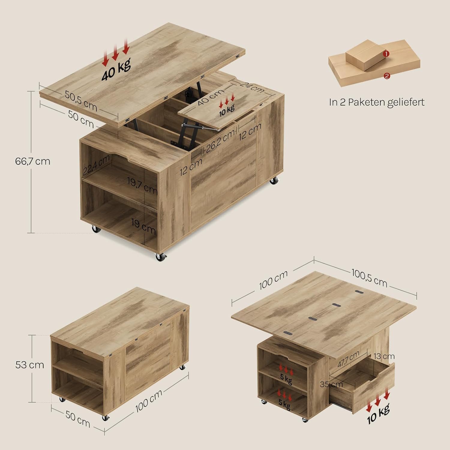 Woltu Couchtisch (1-St), höhenverstellbar mit Rollen, Hebeplatte Schublade