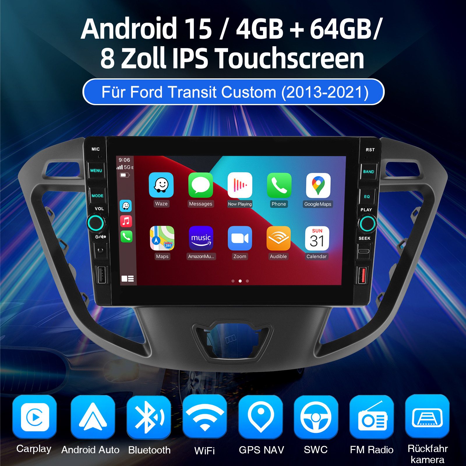 ESSGOO Für Ford Transit Custom 13-21 Carplay Android 15 Autoradio BT GPS Navi Autoradio (RDS, 4+64GB(optional), Digitalradio (DAB), FM, SWC)