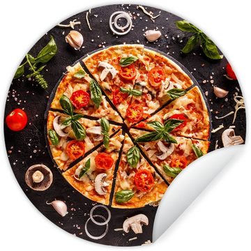 MuchoWow Wandsticker Pizza - Gemüse - Kräuter - Küche - Industrie (1 St), Tapetenkreis für Kinderzimmer, Tapetenaufkleber, Rund, Wohnzimmer