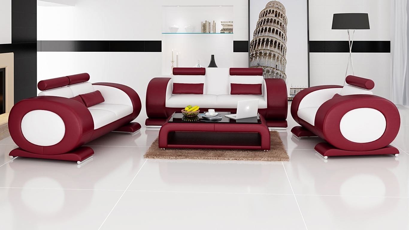 JVmoebel Sofa Sofagarnitur Garnituren Set Design Sofas Polster Couchen Leder 311, Made in Europe Weiß/Rot