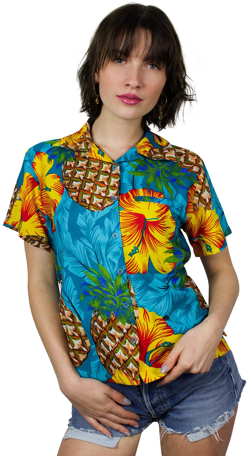 Hawaiihemd Pineapple Hibiscus Funky Hawaiibluse Damen Kurzarm Front-Tasche