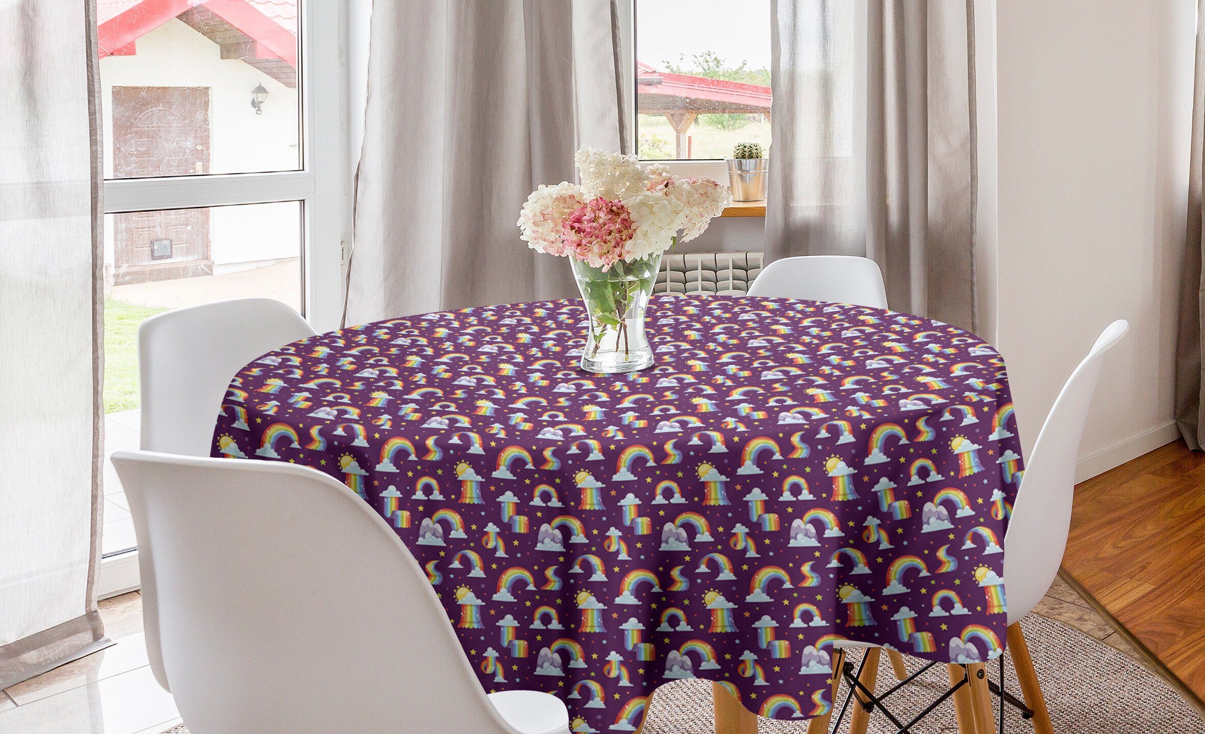 Abakuhaus Tischdecke Kreis Tischdecke Abdeckung für Esszimmer Küche Dekoration, Regenbogen Cartoon Wolken Sterne Sun | Tischdecken