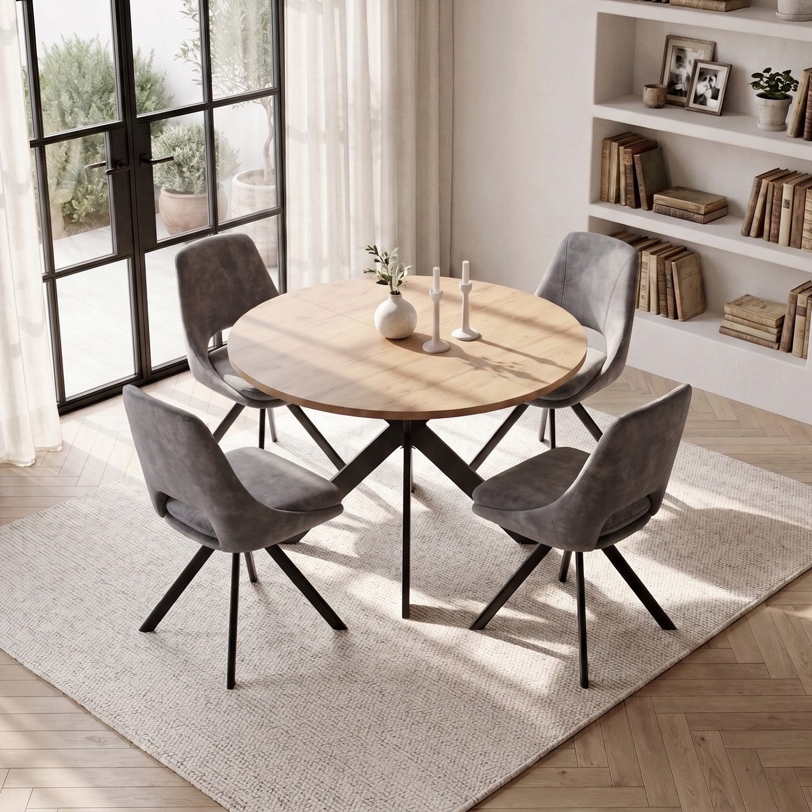 Jiexi Essgruppe Runder Esstisch 110cm MDF Set mit 4 Flanell Stühlen Kreuzgestell – Bild 2 von 5