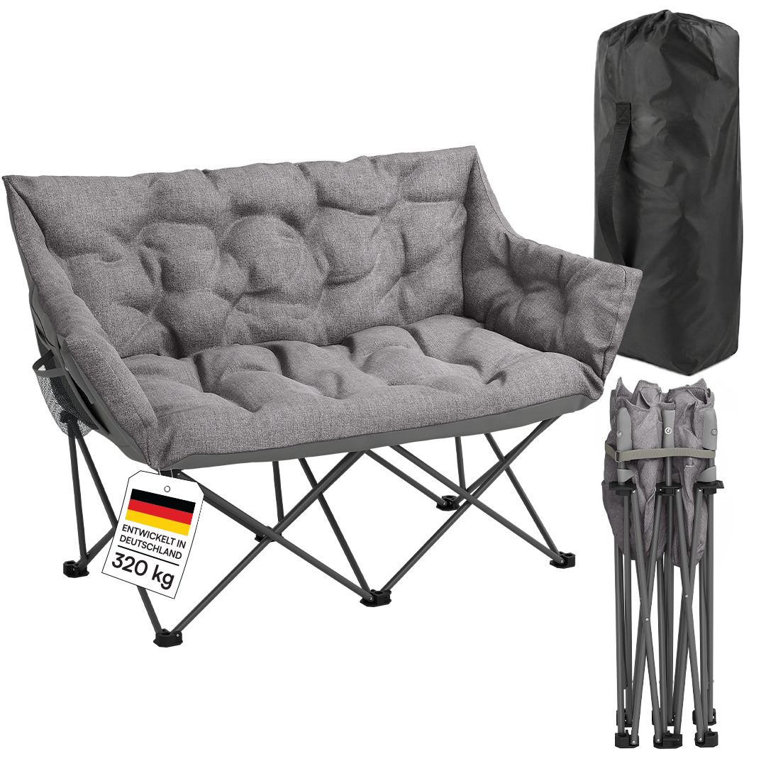 STEELSØN Campingstuhl Hoggar, Campingbank & Moonchair, Klappstuhl mit Seitentasche (grau, 134 cm breit), XXL Campingbank für 2 Personen, Campingsofa bis 320kg