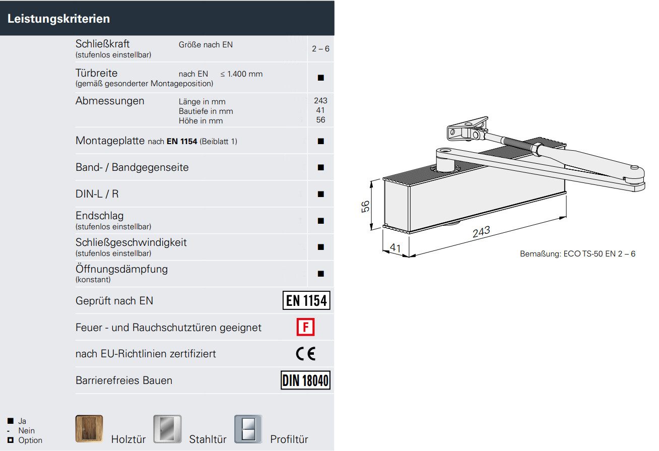 eco Türbeschlag Türschließer TS-50 mit Montageplatte Brandschutz Türdämpfer, Edelstahlcover umschließt den Aluminiumkorpus