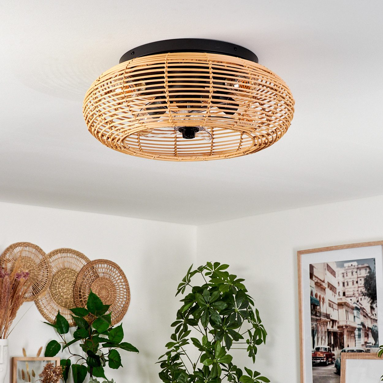 hofstein Deckenleuchte Deckenventilator mit Beleuchtung aus Metall/Bambus, Fernbedienung, ohne Leuchtmittel, Auf-/Abwind-Funktion, Lichteffekt, Ø 50cm, 4x E27, ohne Leuchtmittel