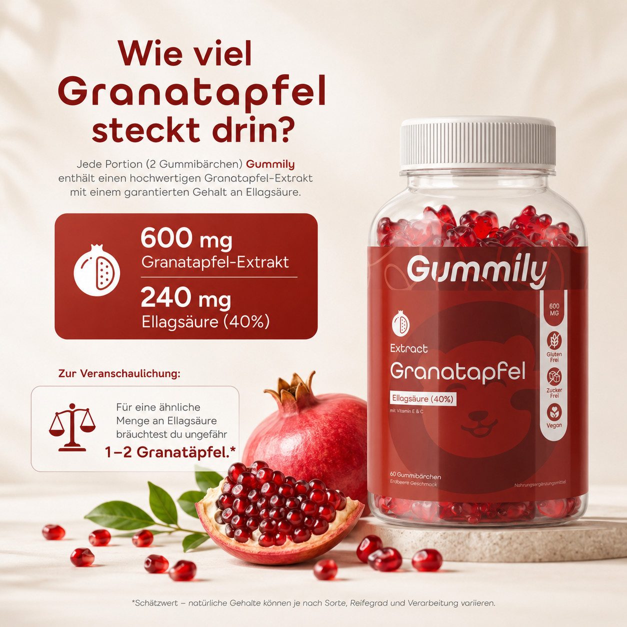 Gummily® Ellagsäure Granatapfel Extrakt (45:1) Gummibärchen, 60 St., (Urolithin A Vorstufe) - Hochdosiert - 40% Ellagsäure