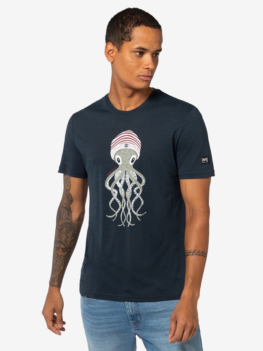 SUPER.NATURAL T-Shirt für Herren, Merino OCTOPUSSY mit Tier Motiv, atmungsaktiv