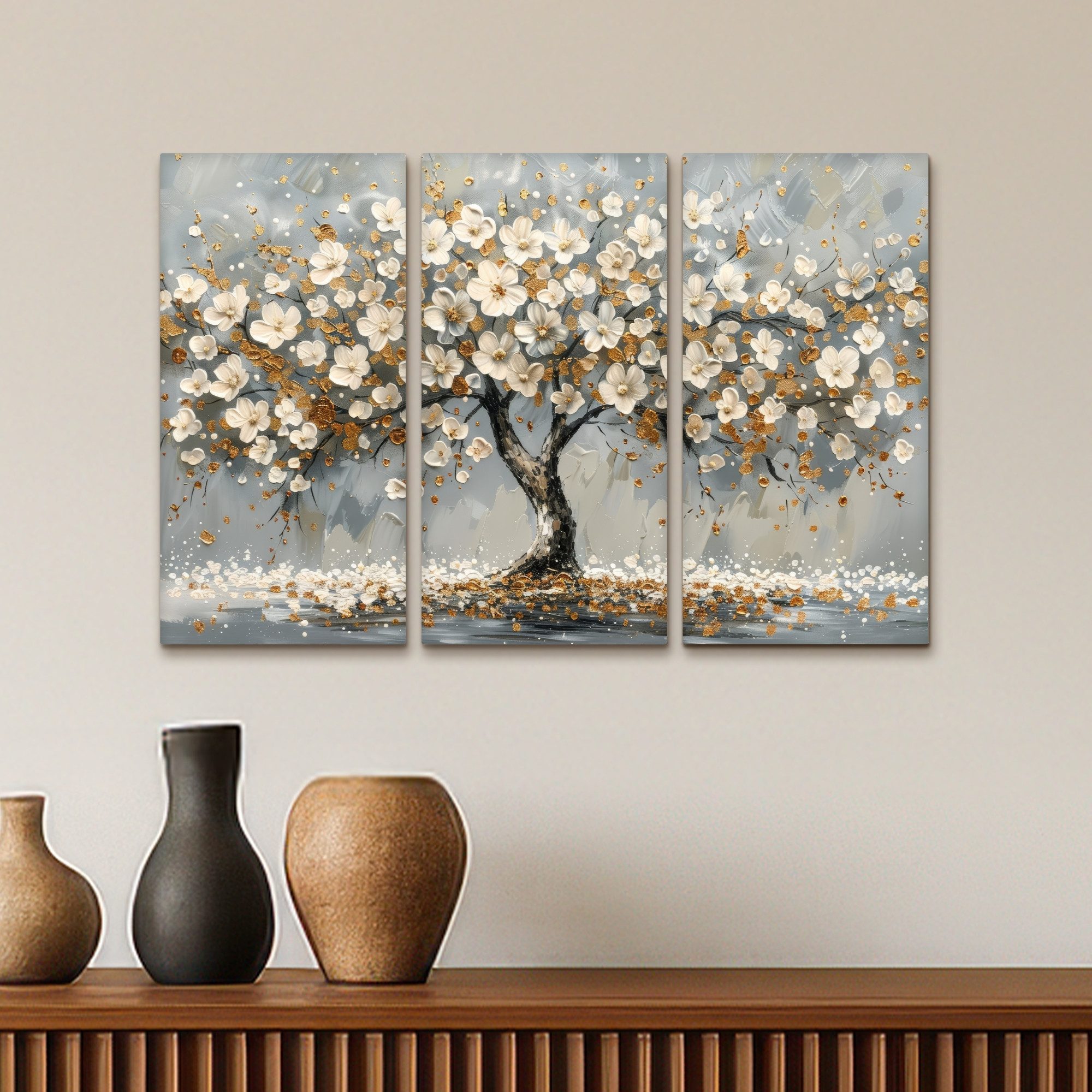 MuchoWow Leinwandbild Baum - Abstrakt - Weiß - Blüte, Fotodruck (3 St), Wand Bilder 3 Set, Deko Schlafzimmer Wohnzimmer Flur 60x40 cm – Bild 5 von 5