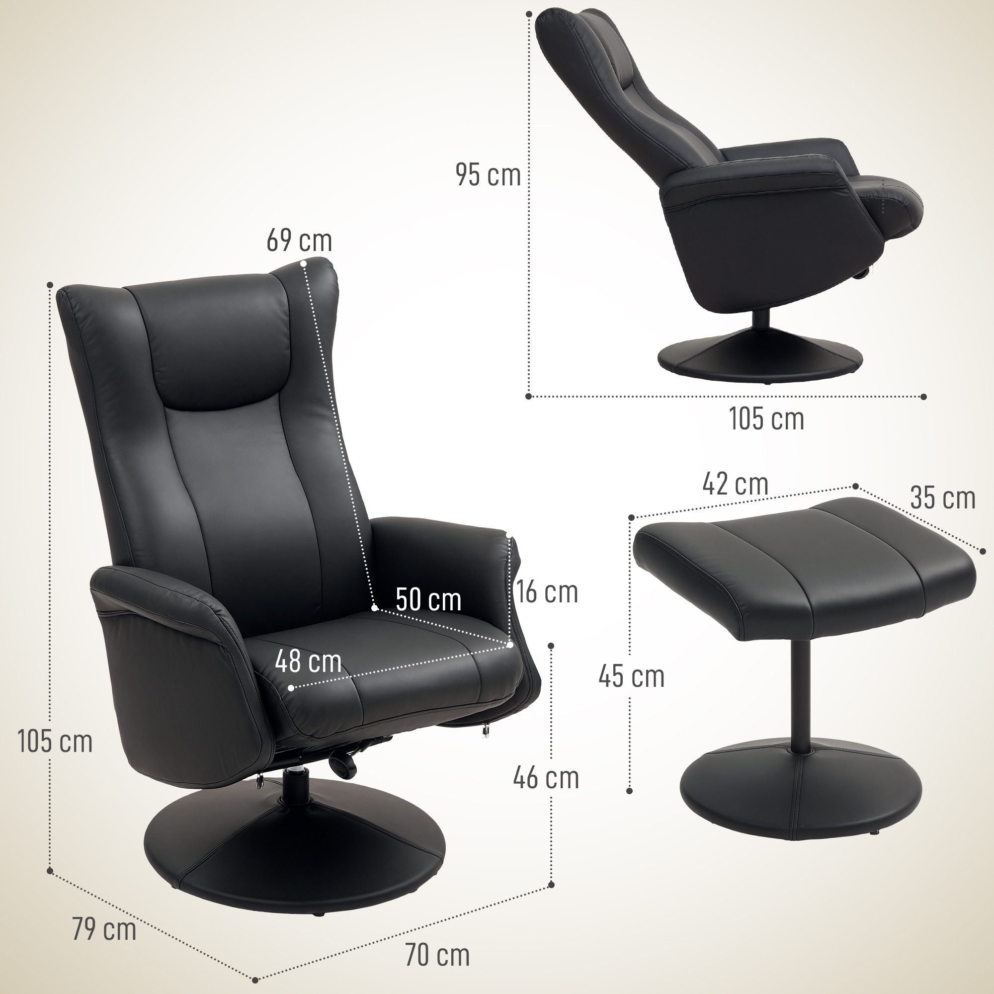 HOMCOM Relaxsessel mit Hocker 360°Drehbar TV-Sessel mit Liegefunktion (Fernsehsessel, 1-St., Ruhesessel mit Verstellbar Rückenlehne), bis 150 kg belastbar für Wohnzimmer Kunstleder, Schwarz