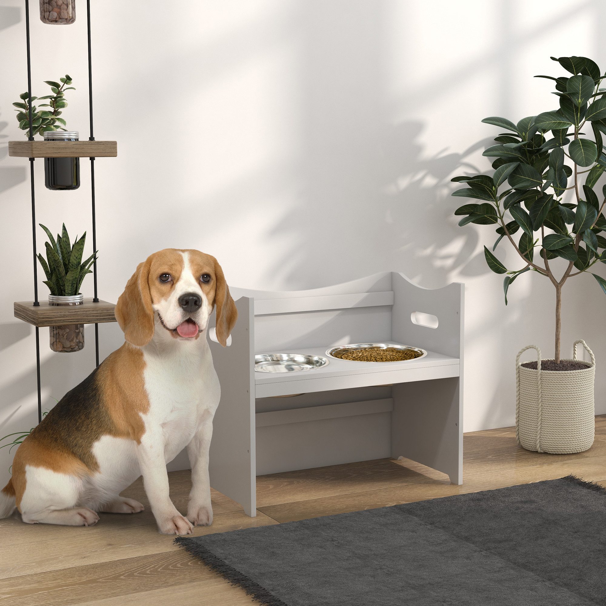 PawHut Futternapf Höhenverstellbar, Erhöhtes Futterstation mit 2L Futterschale, Edelstahl, L54 × B31,5 × H47 cm, Weiß