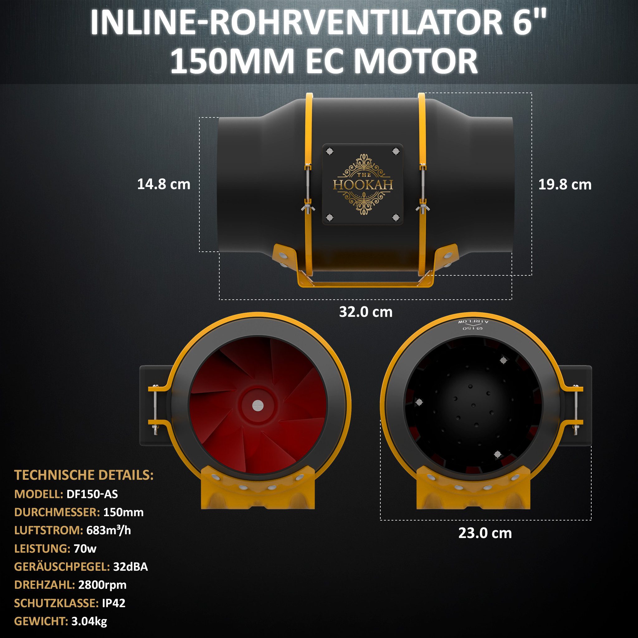 THE HOOKAH Bodenventilator WiFi Rohrventilator 150mm 683m³/h,Temp-/Feuch.32dB Growbox Grow Abluft