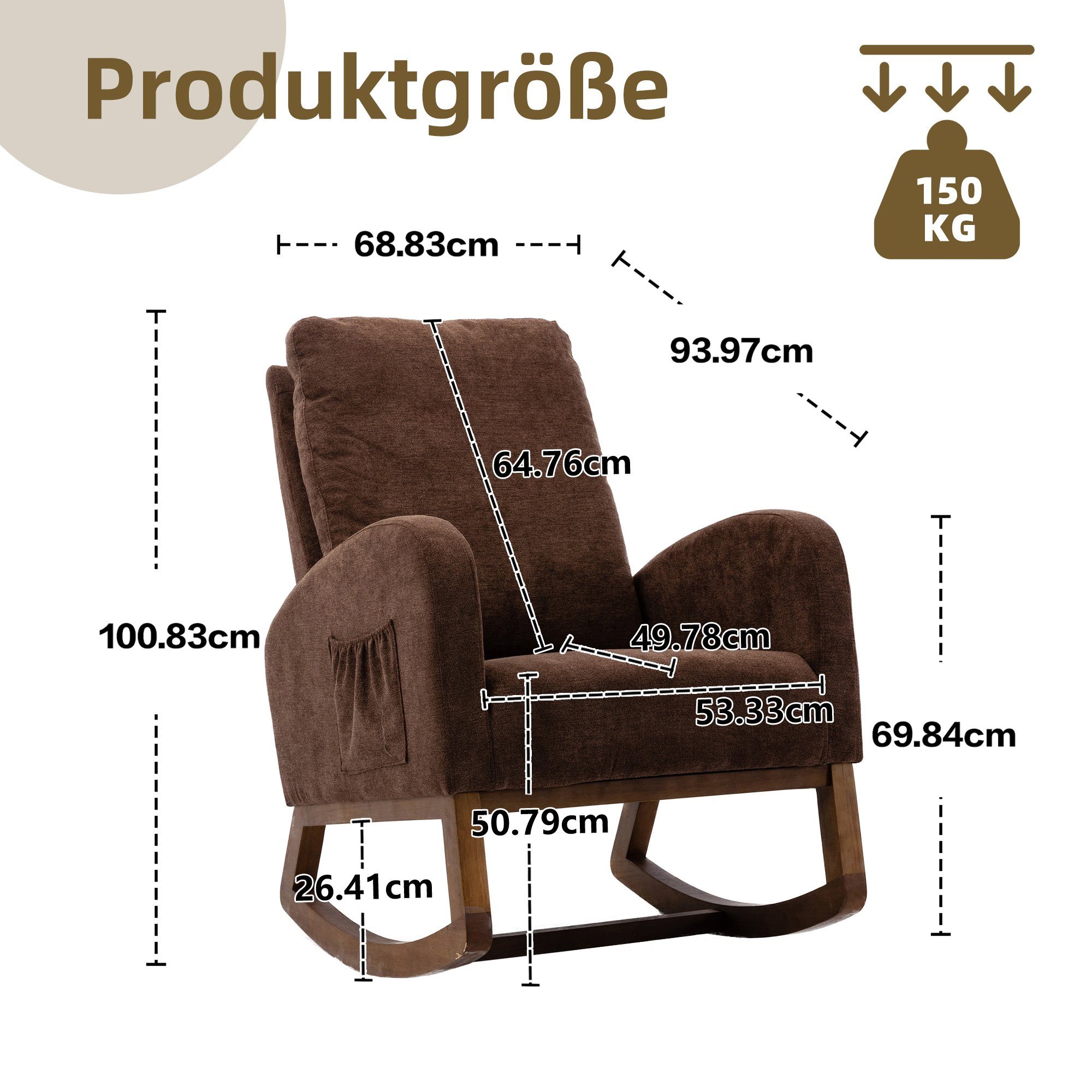 (mit OKWISH hoher Polsterstuhl Relax Baby- Kindergepolsterter Schaukelstuhl und Sessel mit Stuhl Wohnzimmerstuhl Rückenlehne), braun Seitentaschen, Schaukelstuhl