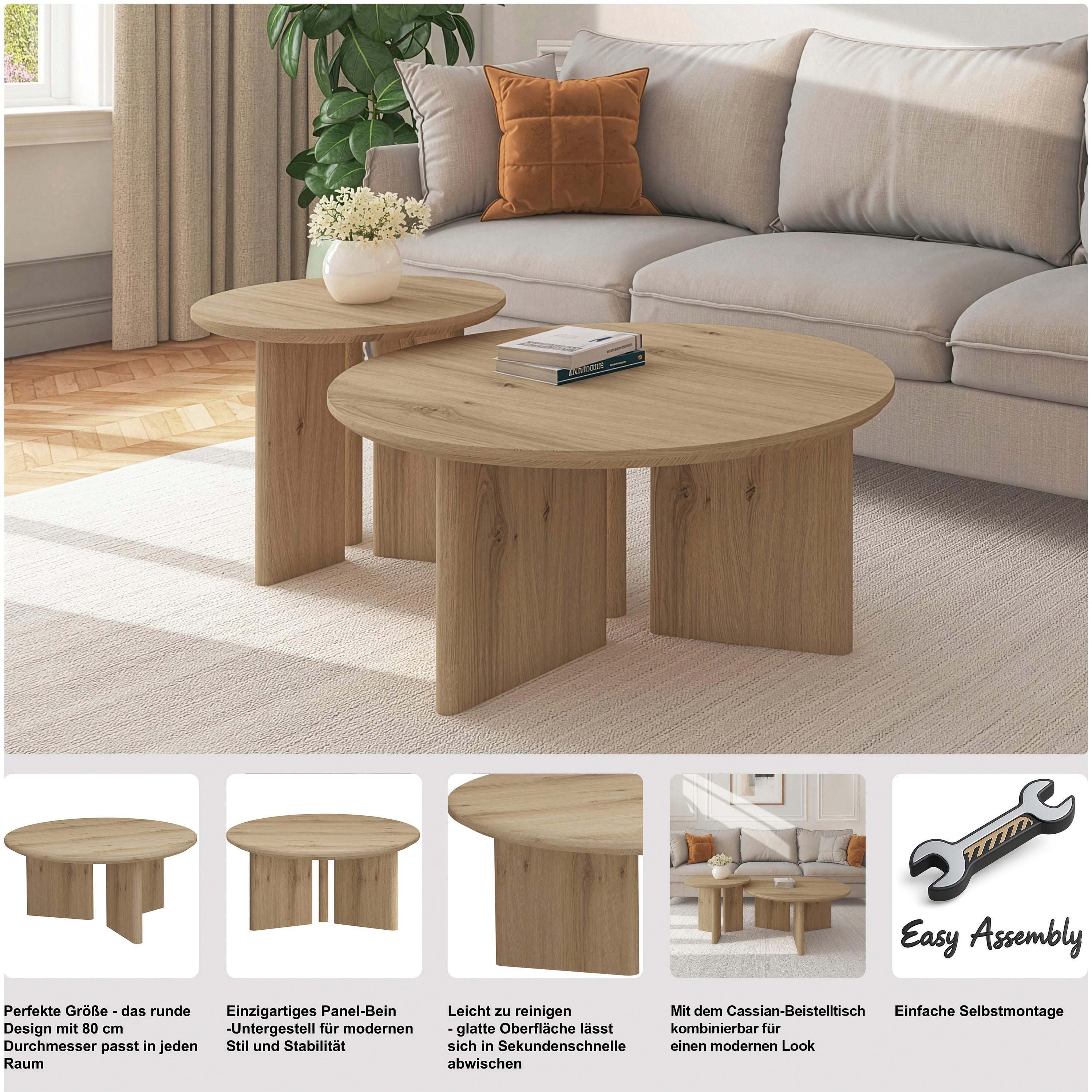 OTTO home Couchtisch Cassian (1-St), schöne Holzoptik, modernes Fußgestell, Ø80 cm
