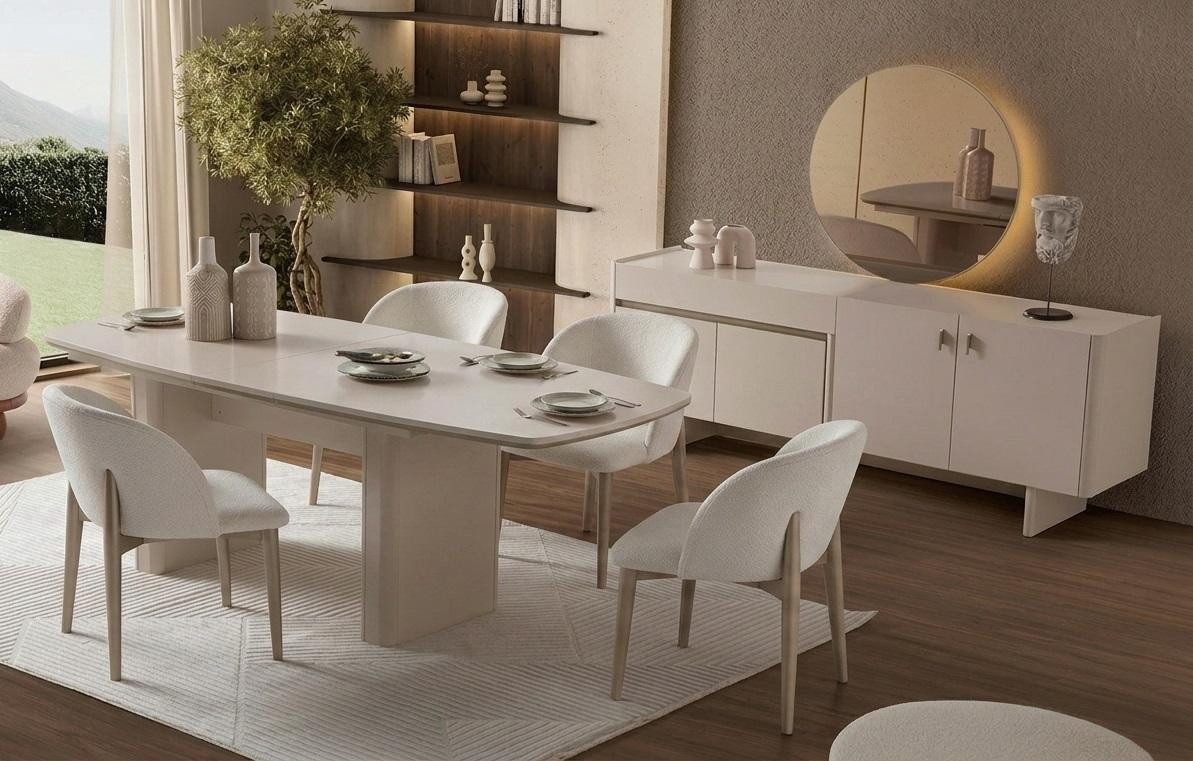JVmoebel Esszimmer-Set Esszimmer Set Esstisch 4x Stühle Sideboard Spiegel Modern Beige Fein, (7-St), Made in Europa