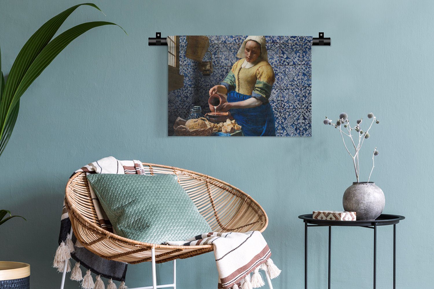 MuchoWow Wanddekoobjekt Blau Kleid, - Gemälde - Delfter Wandbehang, Wohnzimmer, Wanddeko - Schlafzimmer, Vermeer Alte Kinderzimmer für Milchmädchen Meister, 
