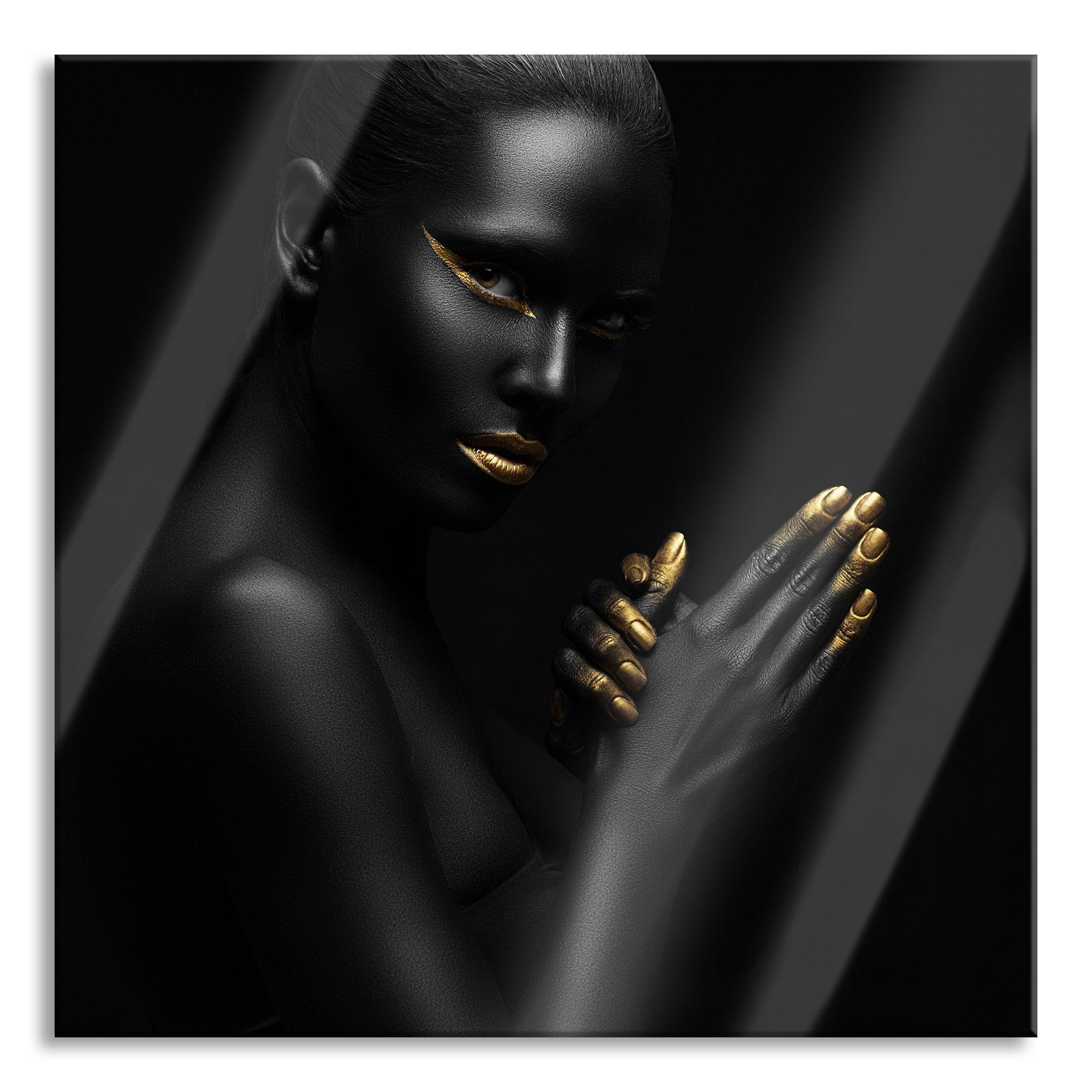 Pixxprint Glasbild Frau mit goldenen Lippen, Frau mit goldenen Lippen (1 St), Glasbild aus Echtglas, inkl. Aufhängungen und Abstandshalter | Bilder