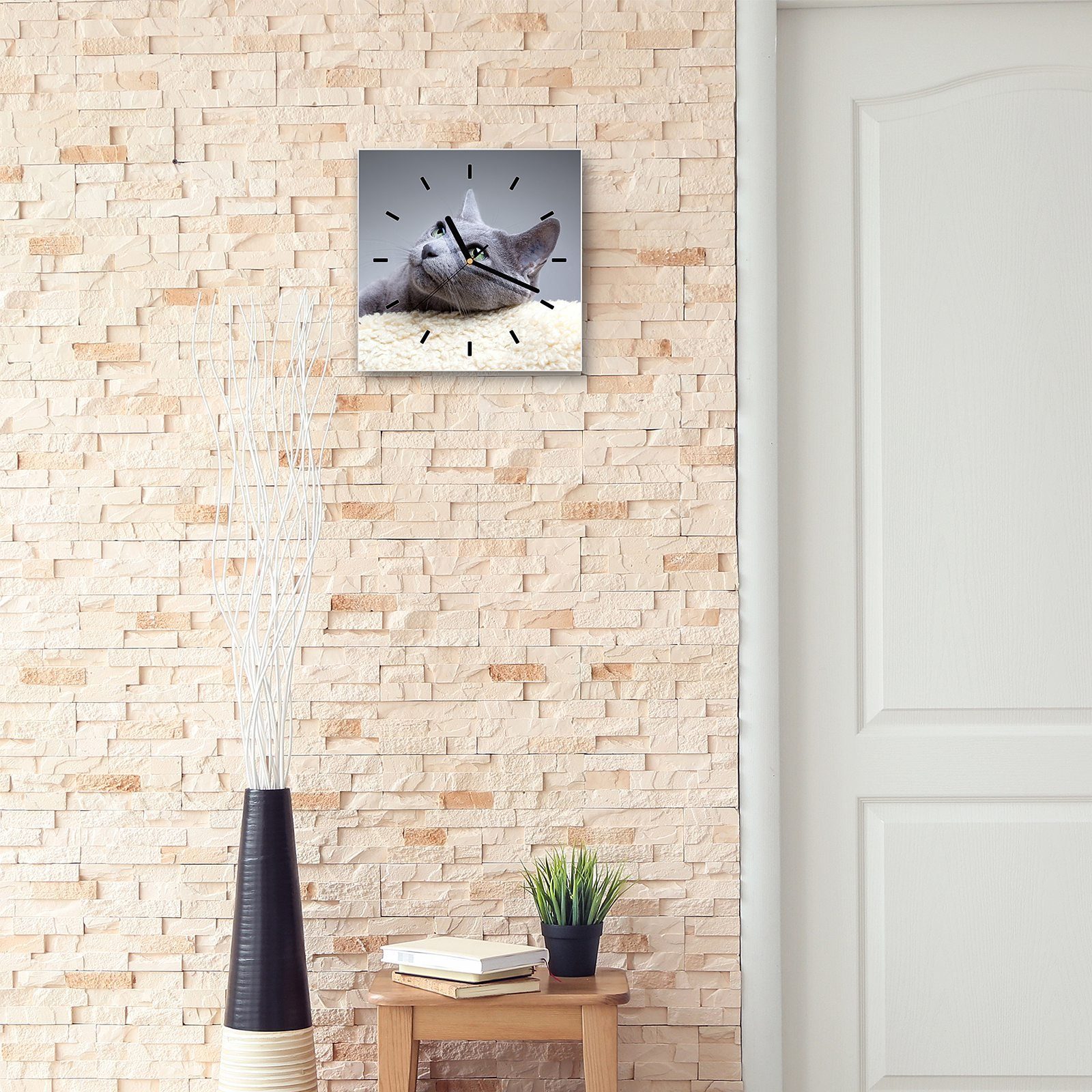 Graue Glasuhr 30 Wanduhr Wanduhr cm Motiv Primedeco mit x 30 Katze Wandkunst Größe
