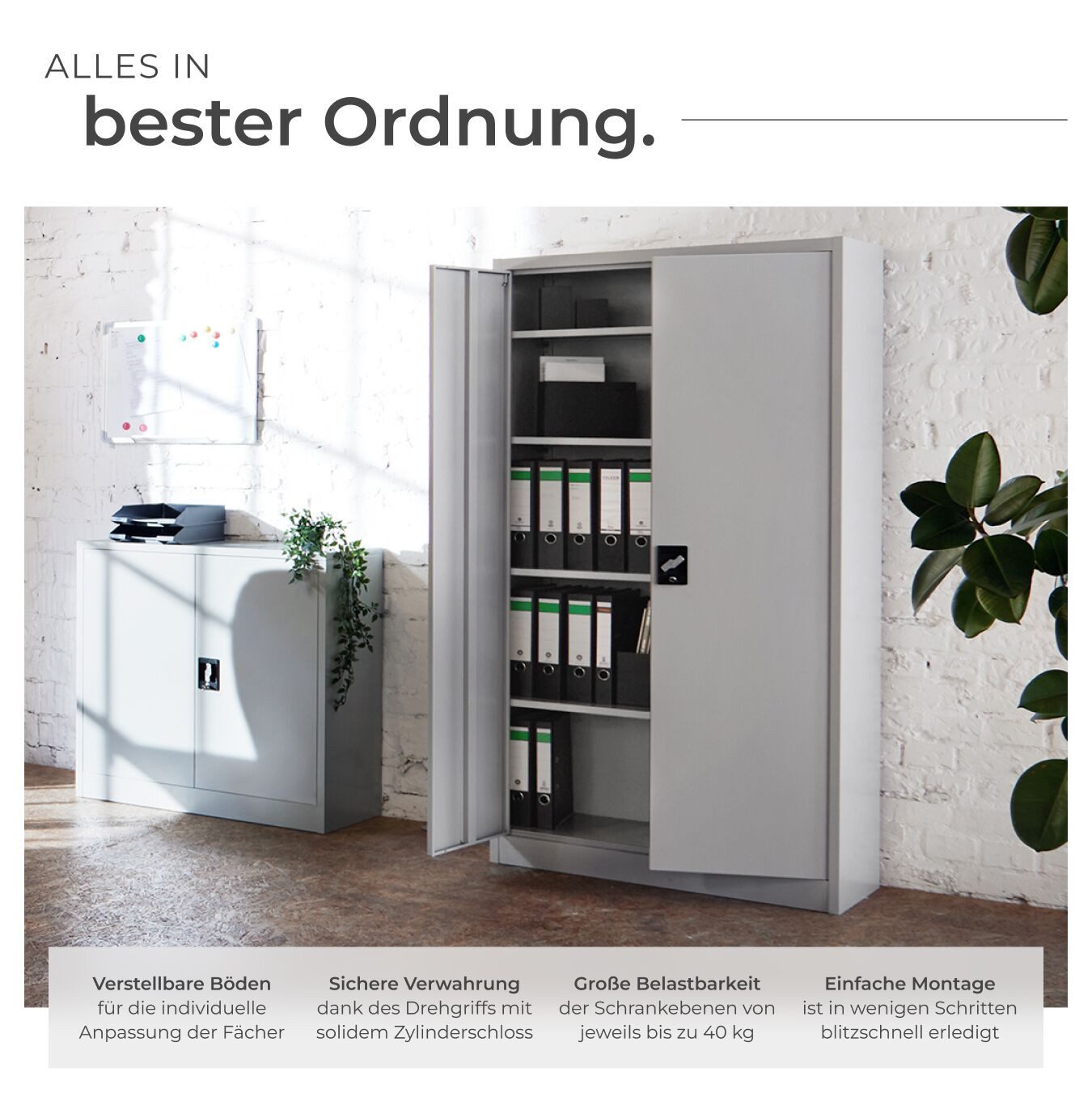 tectake Aktenschrank abschließbarer Büroschrank mit 4 höhenverstellbaren Böden (Komplettset, 1-St., inkl. Schlüssel) pulverbeschichteter Stahl, stabiler Stand