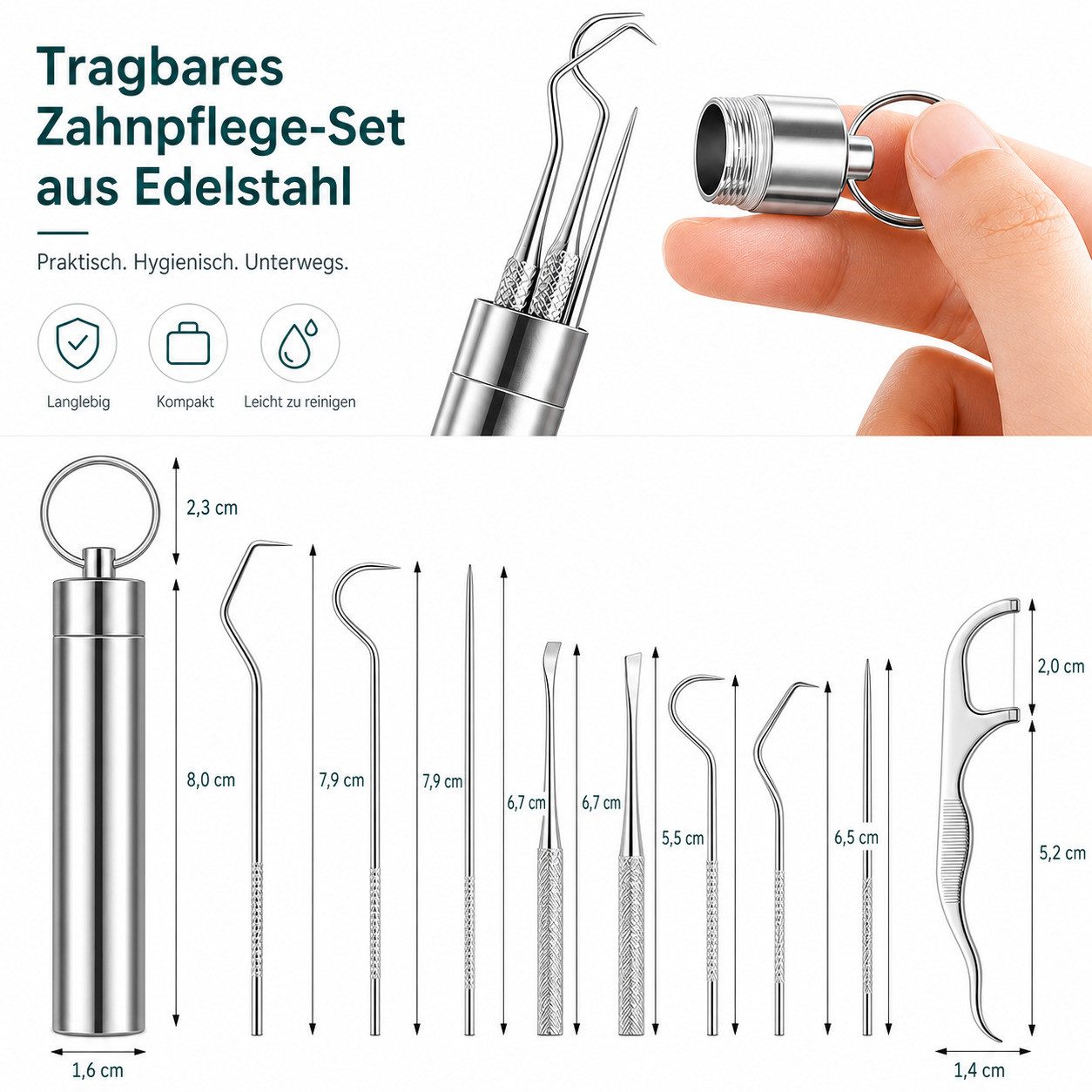 COOL-i ® Zahnpflege-Set Edelstahl-Zahnstocher Set – 9-teilig, wiederverwendbar & tragbar, mit Schlüsselring & Etui – ideal für Zahnreinigung, Reisen & Outdoor
