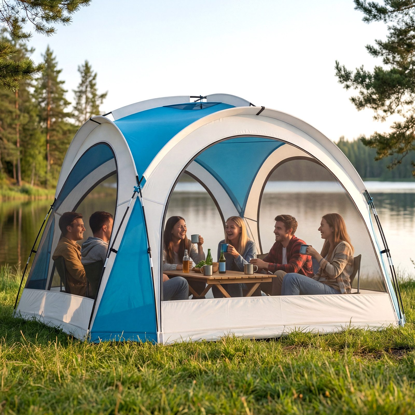 COSTWAY Geodätzelt, Personen: 8, Gartenzelt 344x344cm mit 4 Mesh-Seitenwände