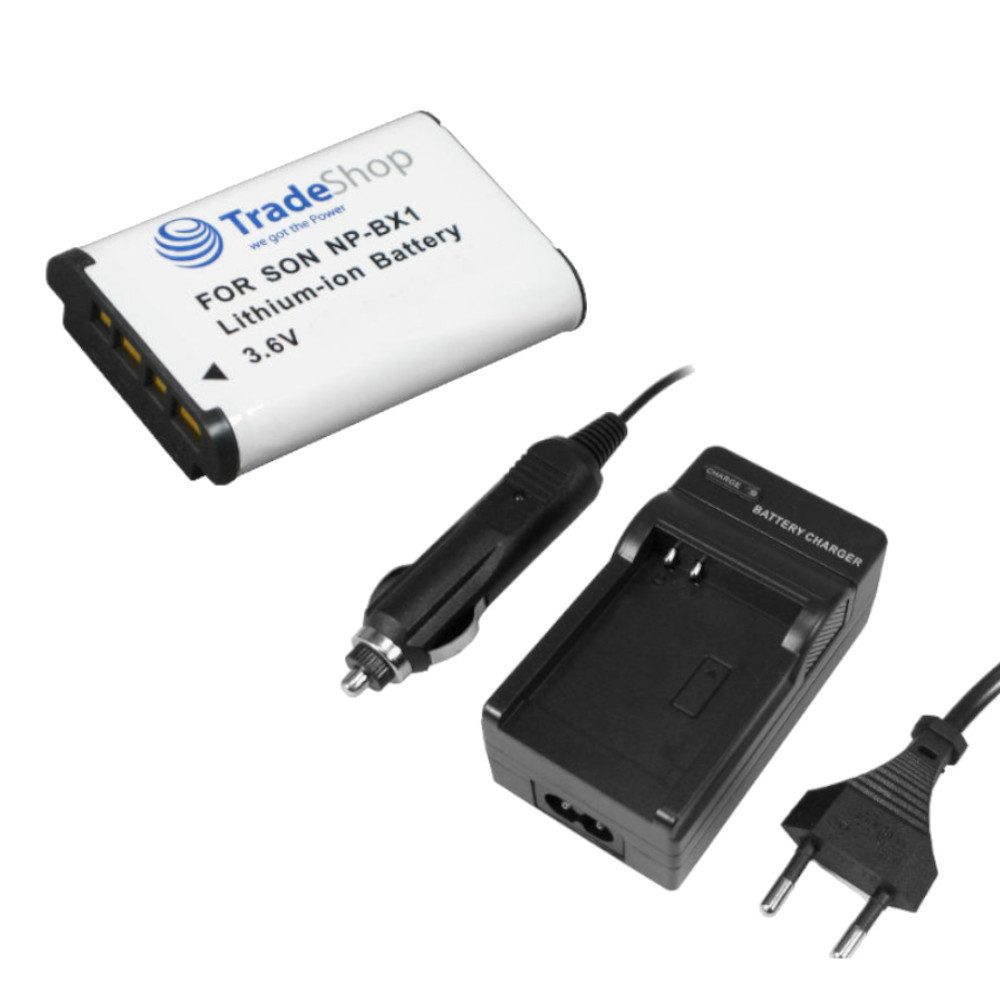 Trade-Shop 2in1 Set passend für Sony Cybershot DSC-HX400 DSC-HX400V Ladegerät + Kamera-Akku Li-Ion 1300 mAh (3,6 V), Für 220V Steckdose und 12V/24V Kfz Zigarettenanzünder