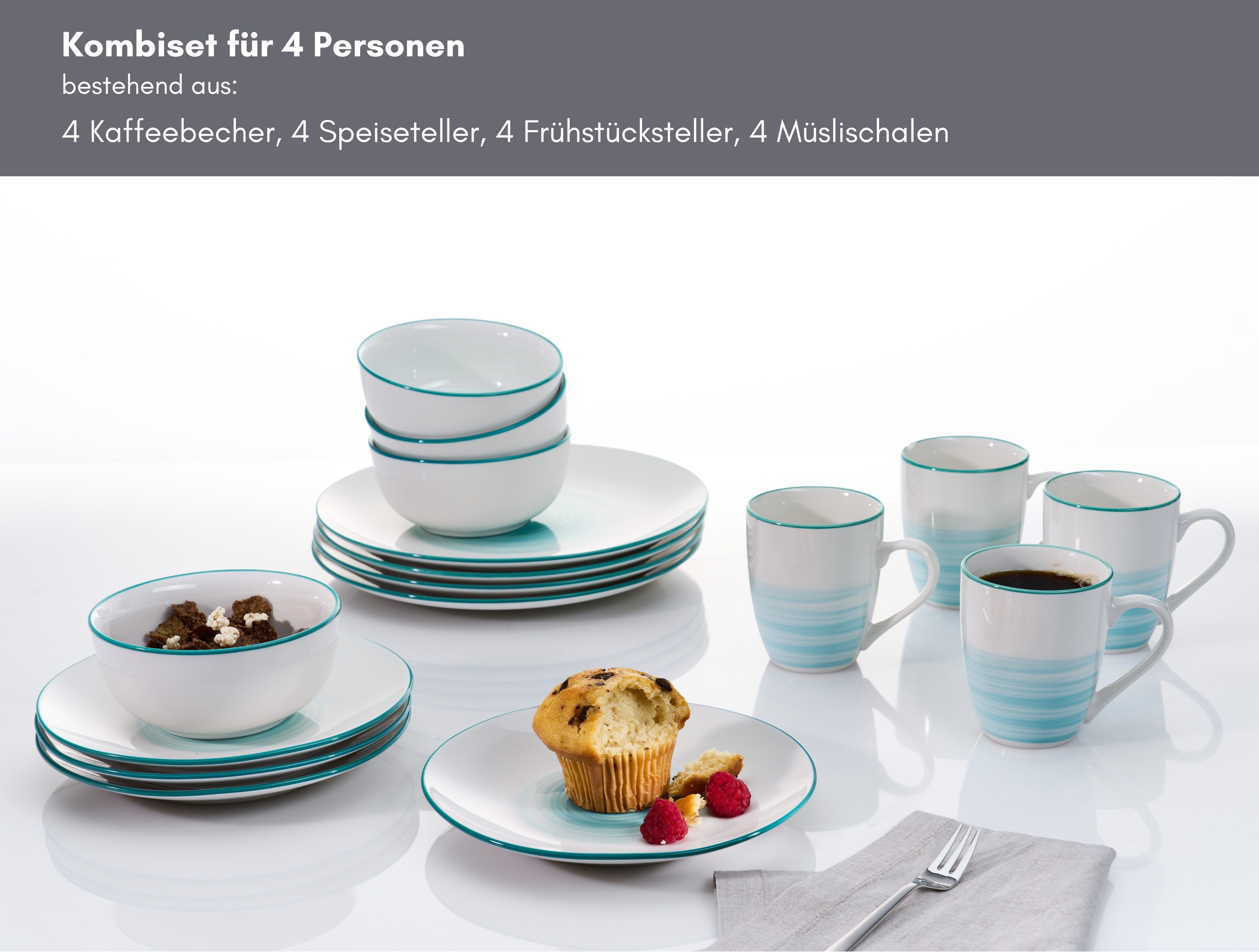 Ritzenhoff & Breker Kombiservice Luna (16-tlg), 4 Personen, Porzellan, Aquarell-Stil