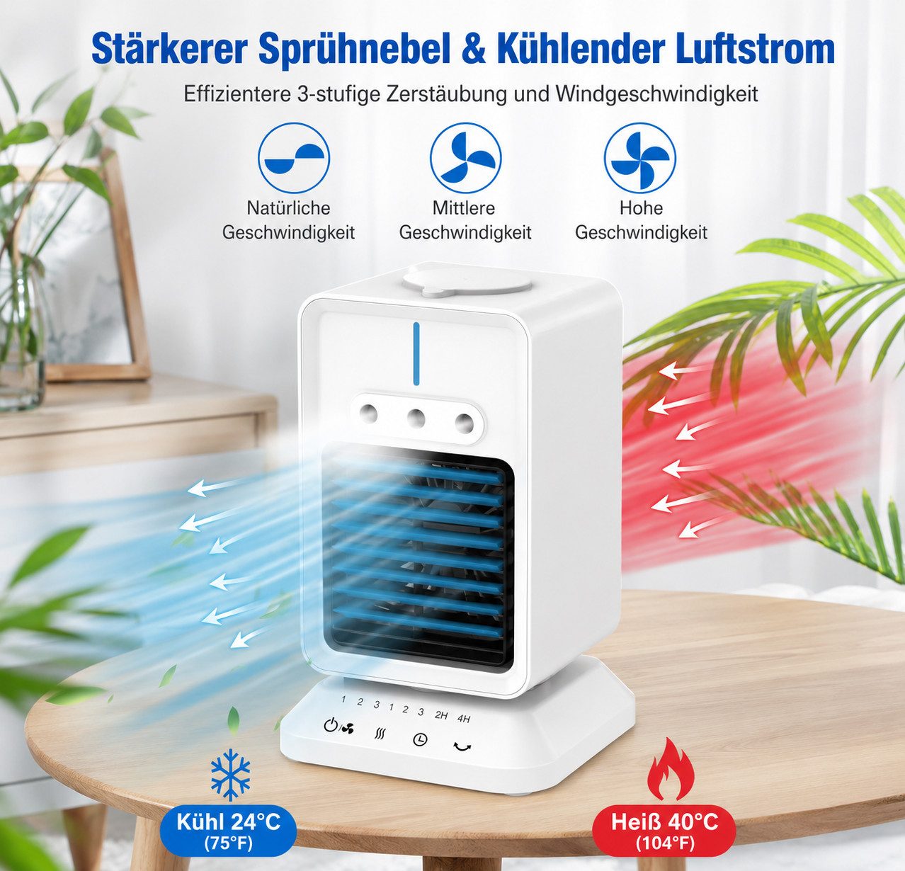 MOPUEA Ventilatorkombigerät 4 in 1 Tragbare Klimaanlage mit 3 einstellbaren Windgeschwindigkeiten, 200-ml-Wassertank, Desktop-Luftkühlungsventilator