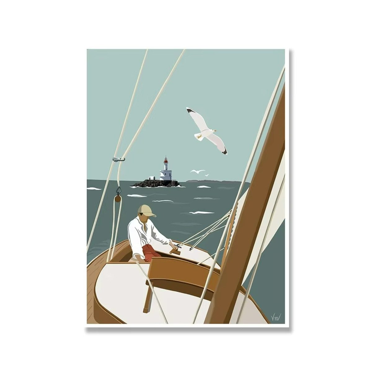 TPFLiving Kunstdruck (OHNE RAHMEN) Poster - Leinwand - Wandbild, Nordisches Segelboot, Strandmädchen, Surfboot-Leinwandgemälde (Leinwandbild XXL), Farben: Blau, Braun, Schwarz, Weiß, Gelb -Größe: 20x30cm
